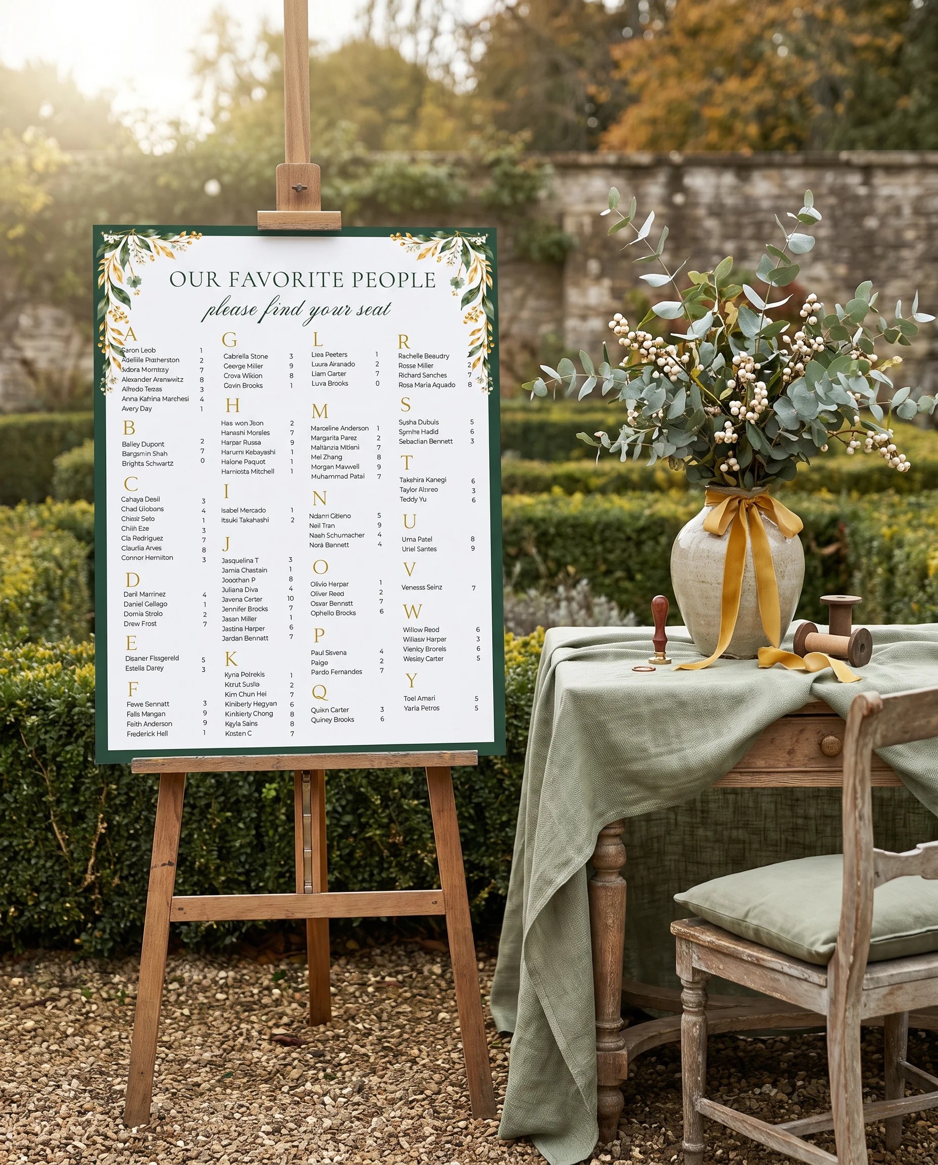 Gilded Foliage wedding seating chart — shown beside furniture for scale under soft natural light, wedding seating chart template.