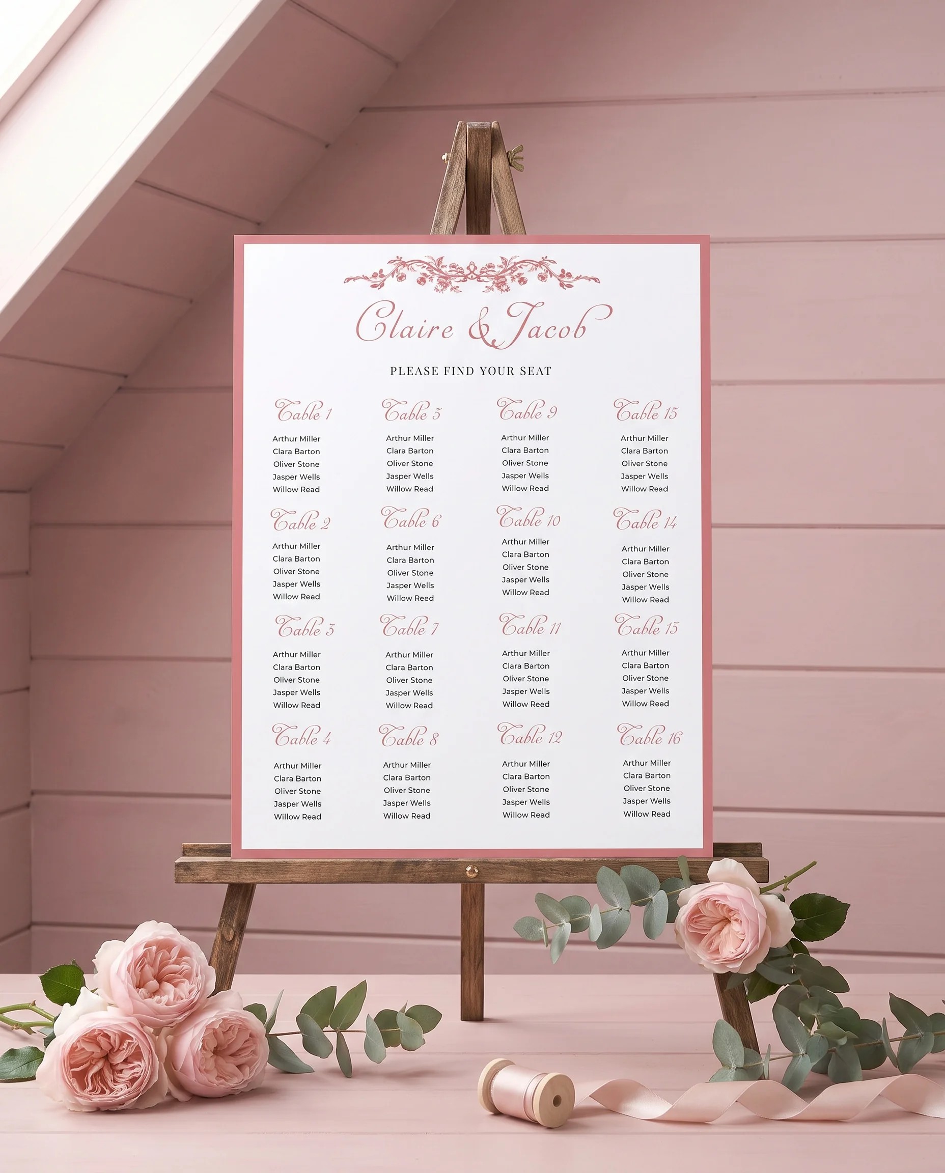Rosewood Trellis wedding seating chart — displayed on an easel under soft natural light with a slight overhead angle, wedding seating chart