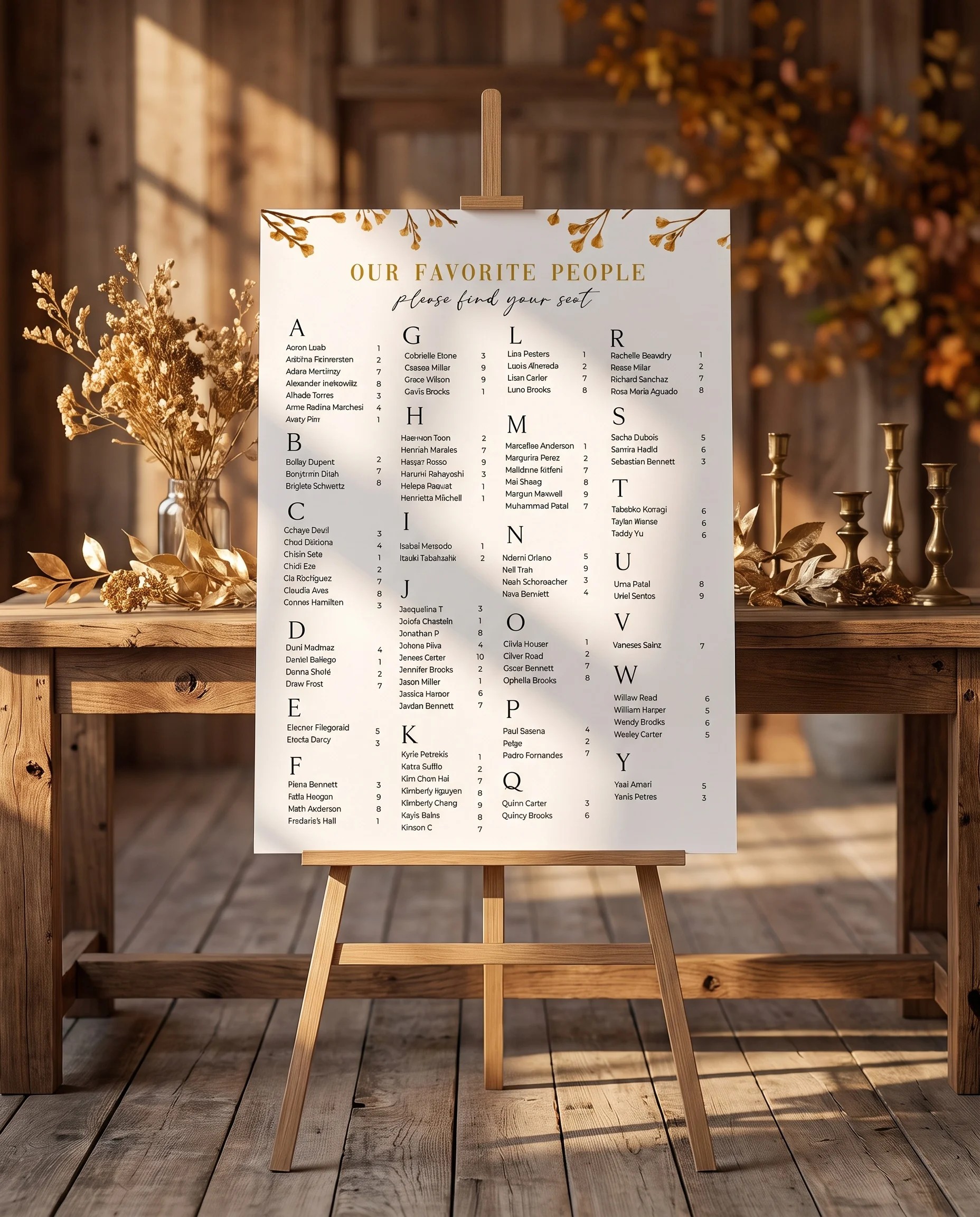 Golden Vine wedding seating chart — single page shown beside furniture for scale under soft natural light, wedding seating chart template.