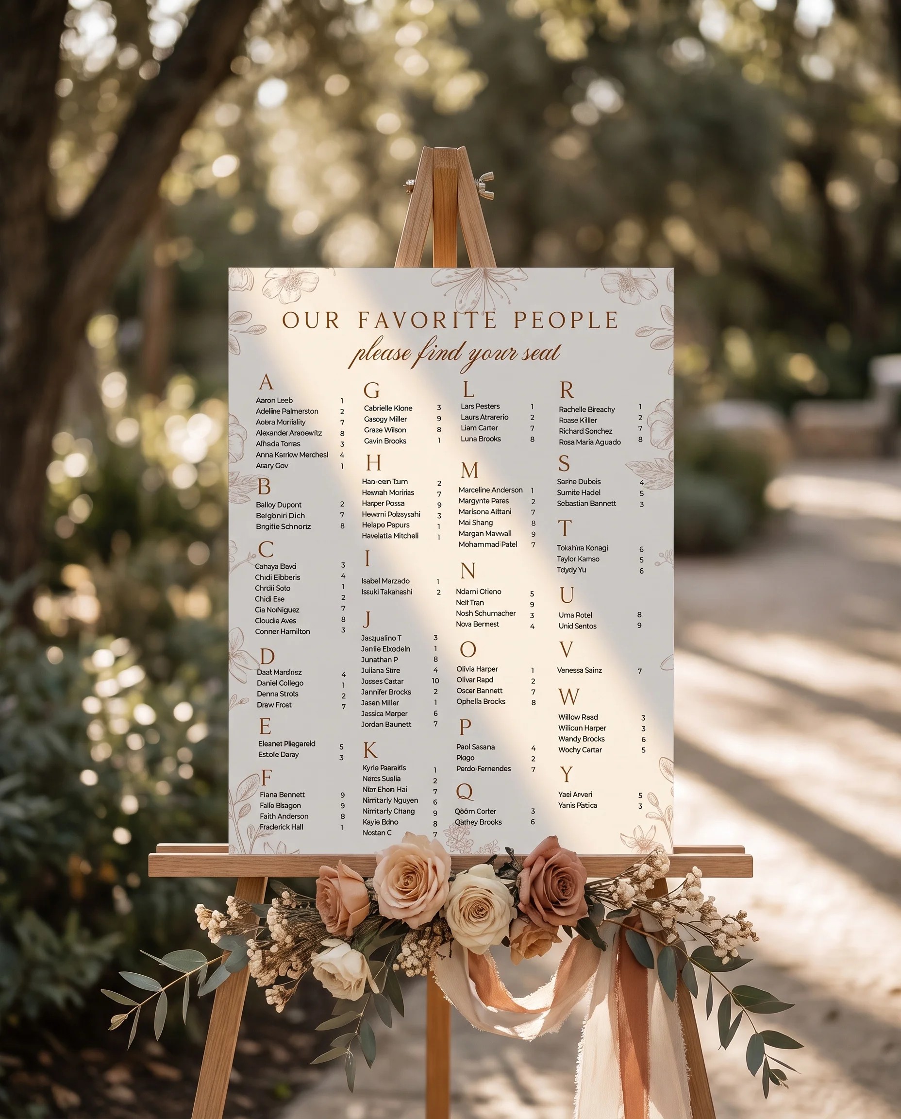 Petalcrest wedding seating chart — displayed at a reception entrance under soft natural light with a slight overhead angle, seating chart template