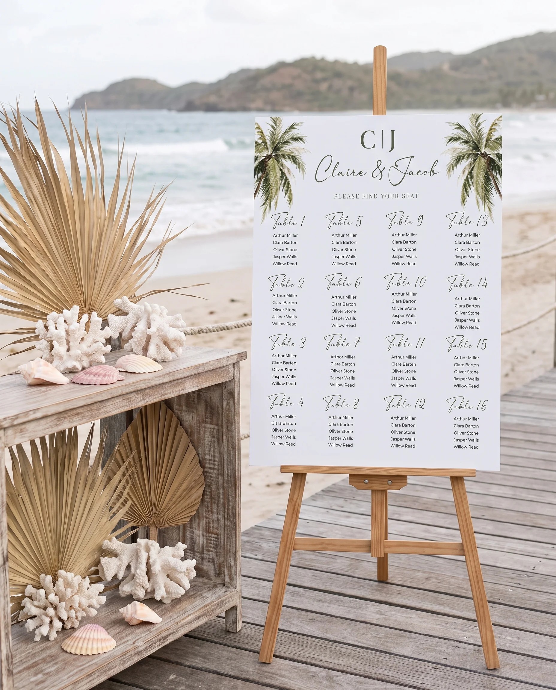 Palmetto Shore wedding seating chart — single page shown beside furniture for scale under soft natural light, wedding seating chart template.