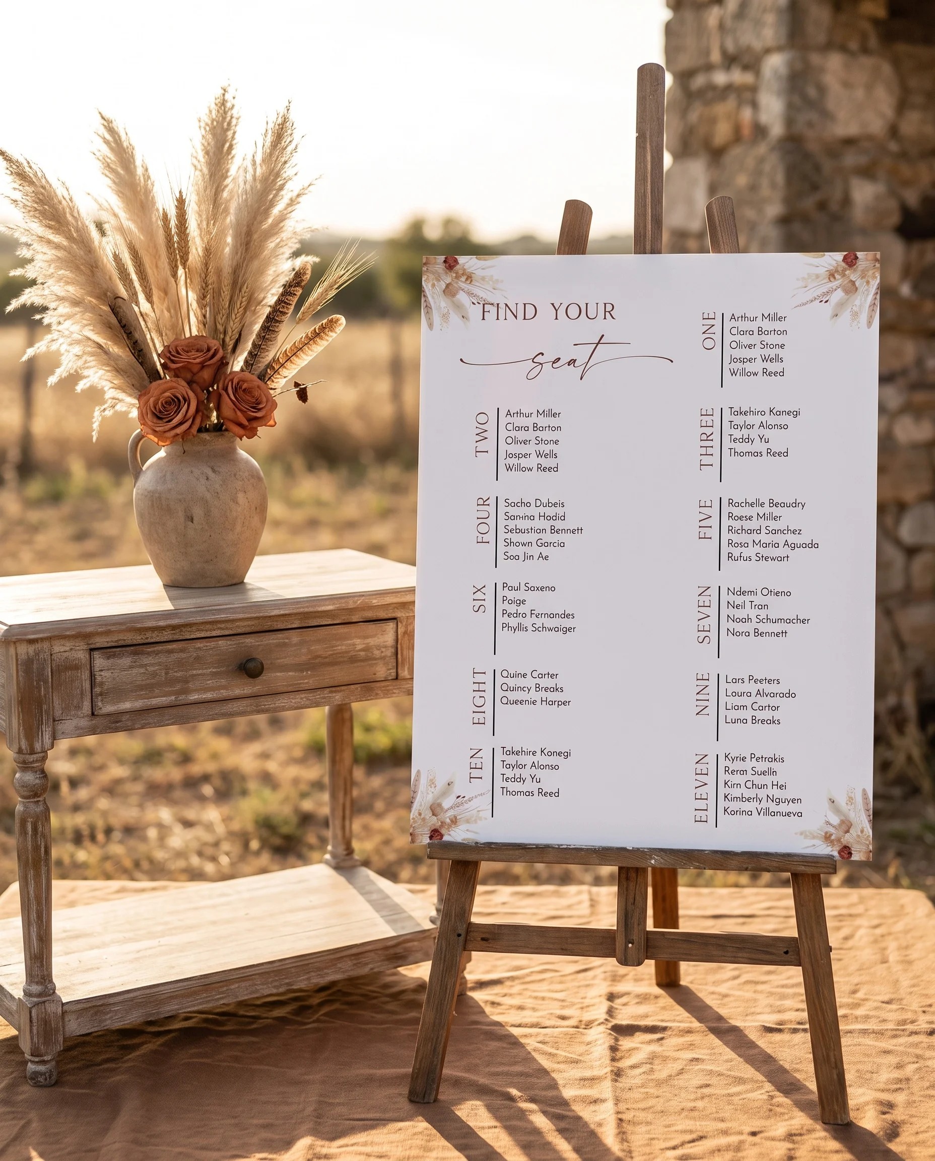 Harvest Script wedding seating chart — single page shown beside furniture for scale under soft natural light, wedding seating chart template