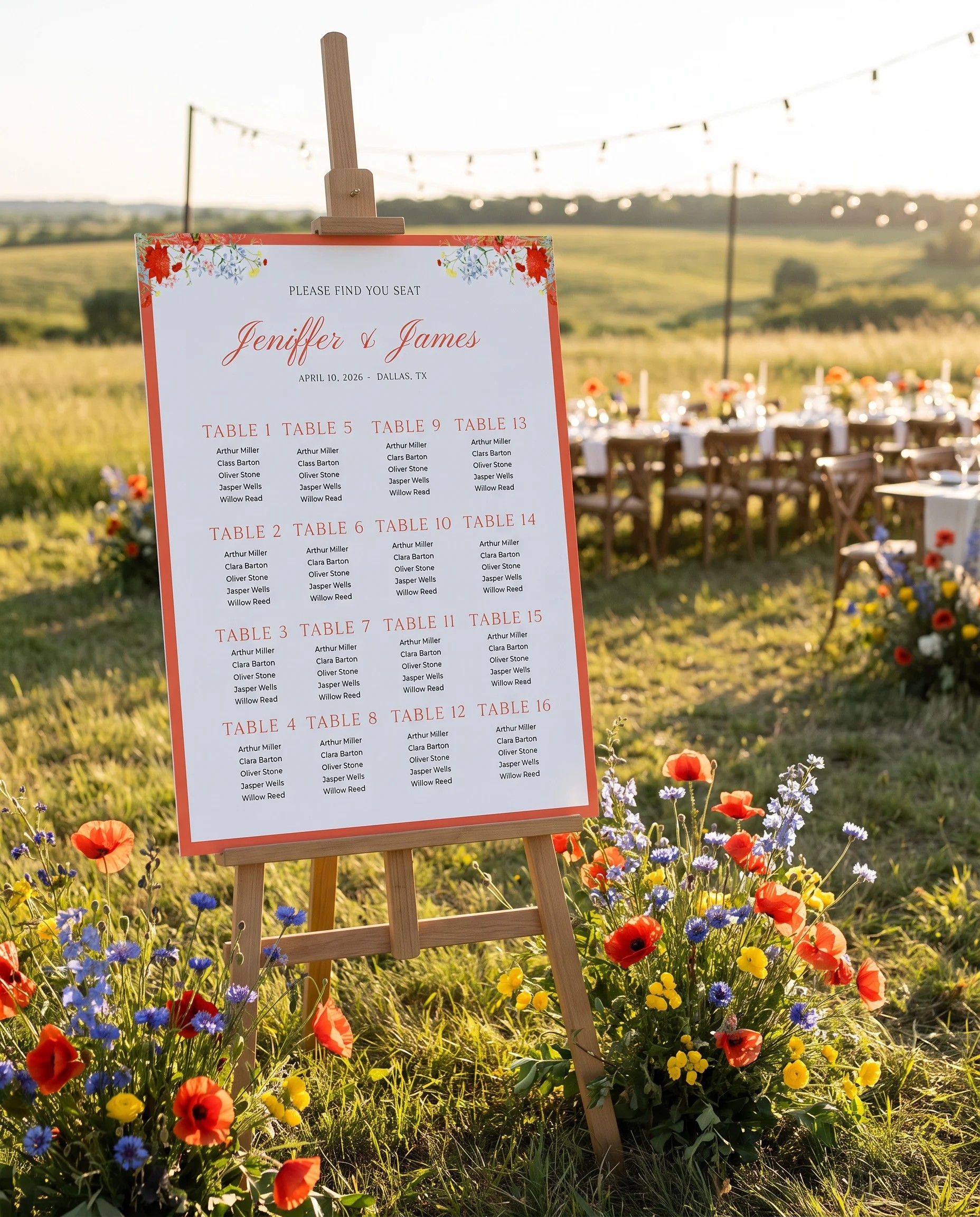 Poppy Meridian wedding seating chart — displayed at a reception entrance under soft natural light, slight overhead angle, seating chart template