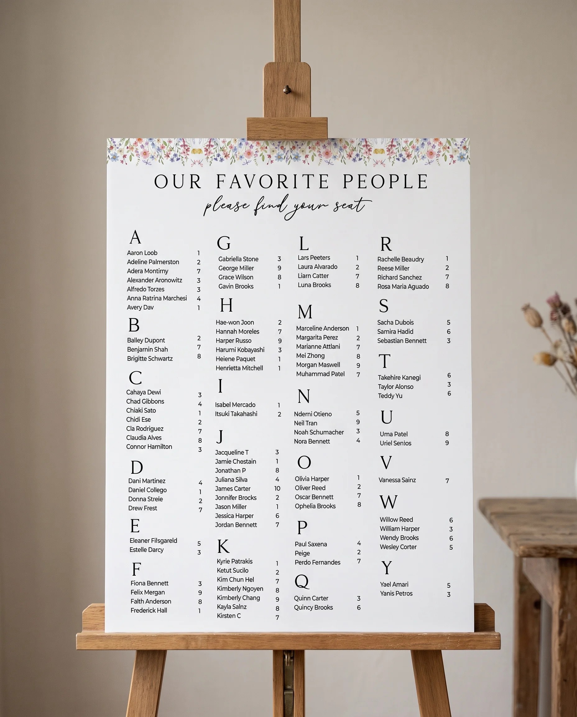 Meadowlark wedding seating chart — displayed on an easel under soft natural light with a slight overhead angle, wedding seating chart.