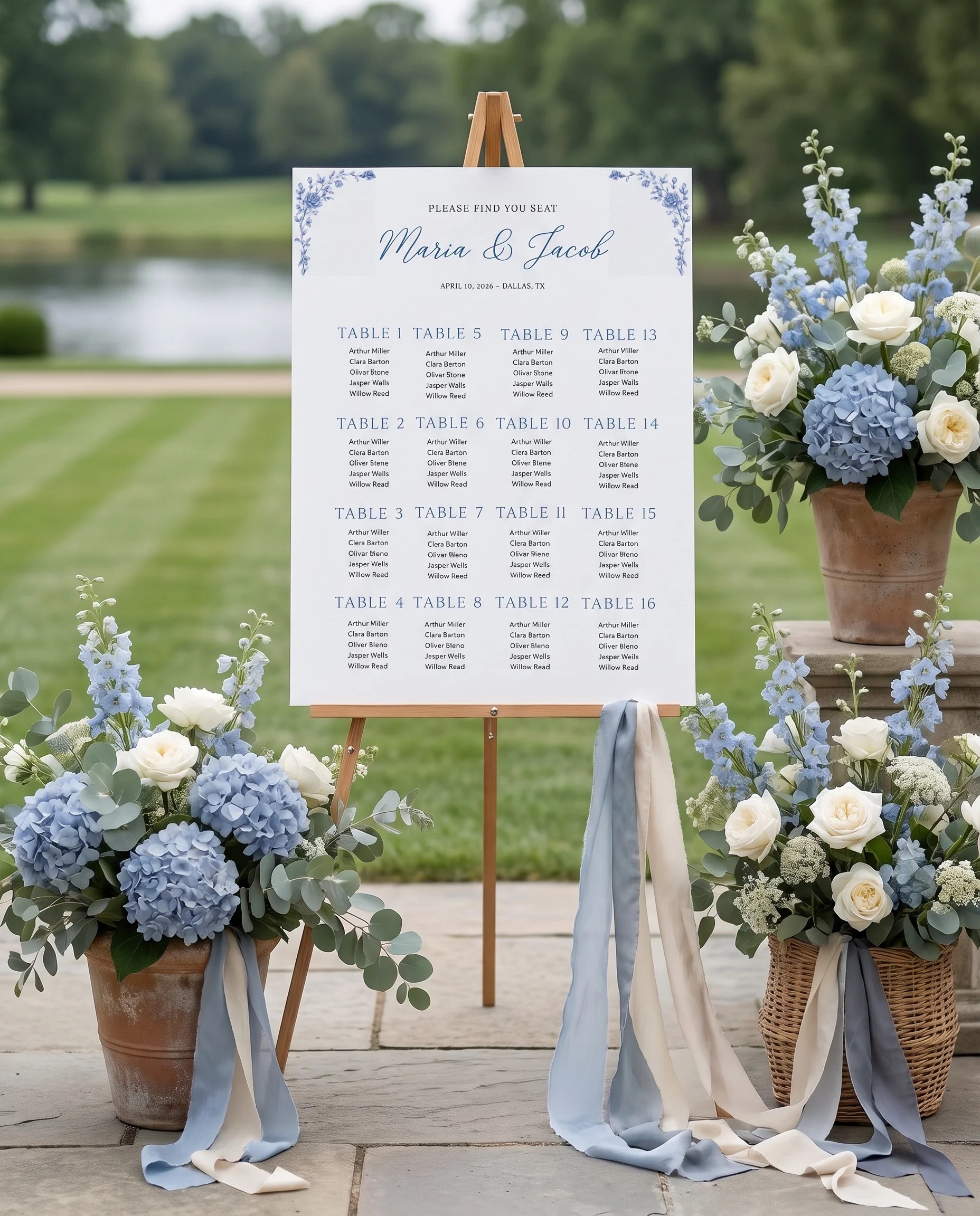 Blue Heron wedding seating chart — single page shown beside furniture for scale under soft natural overhead light, wedding seating chart template