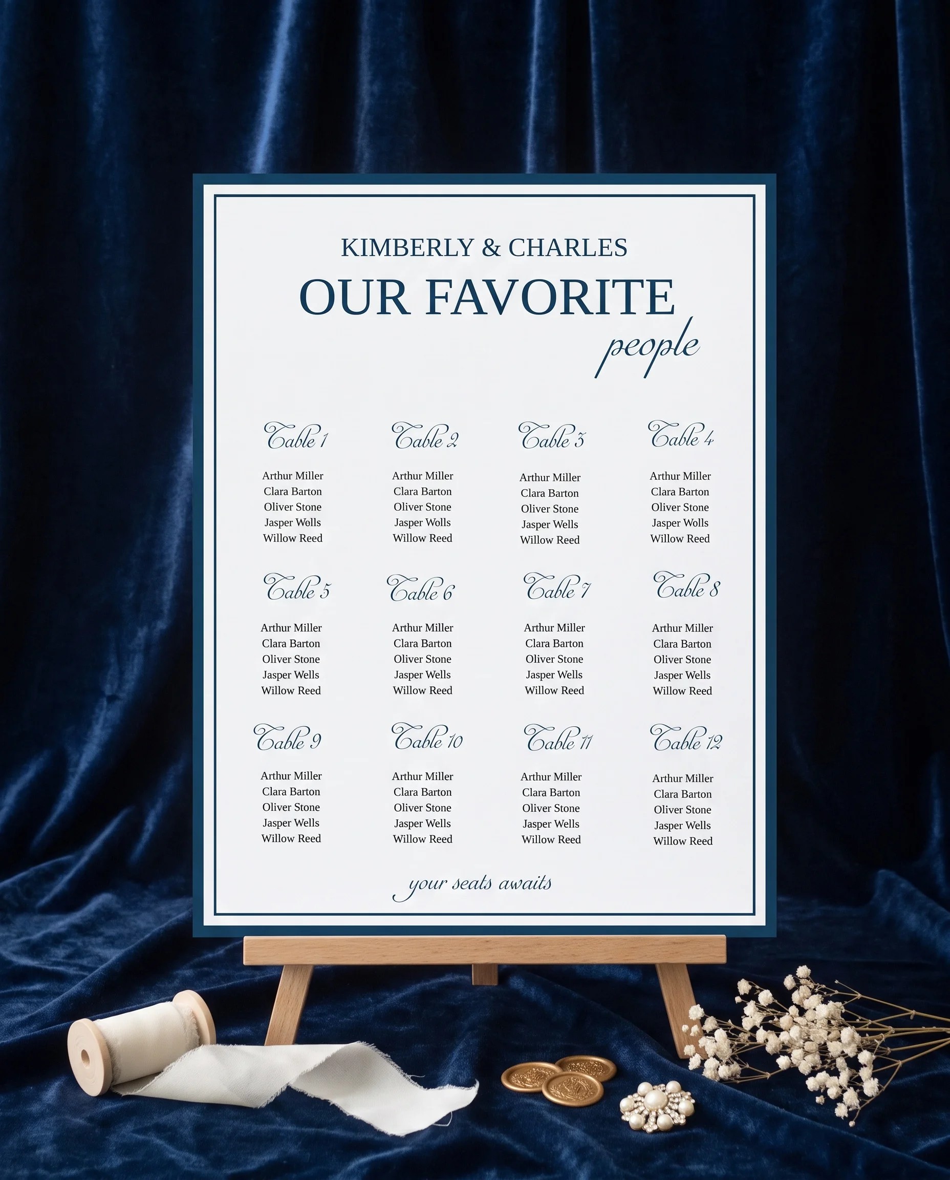 Windsor Crown wedding seating chart — displayed on an easel under soft natural light with a slight overhead angle, wedding seating chart