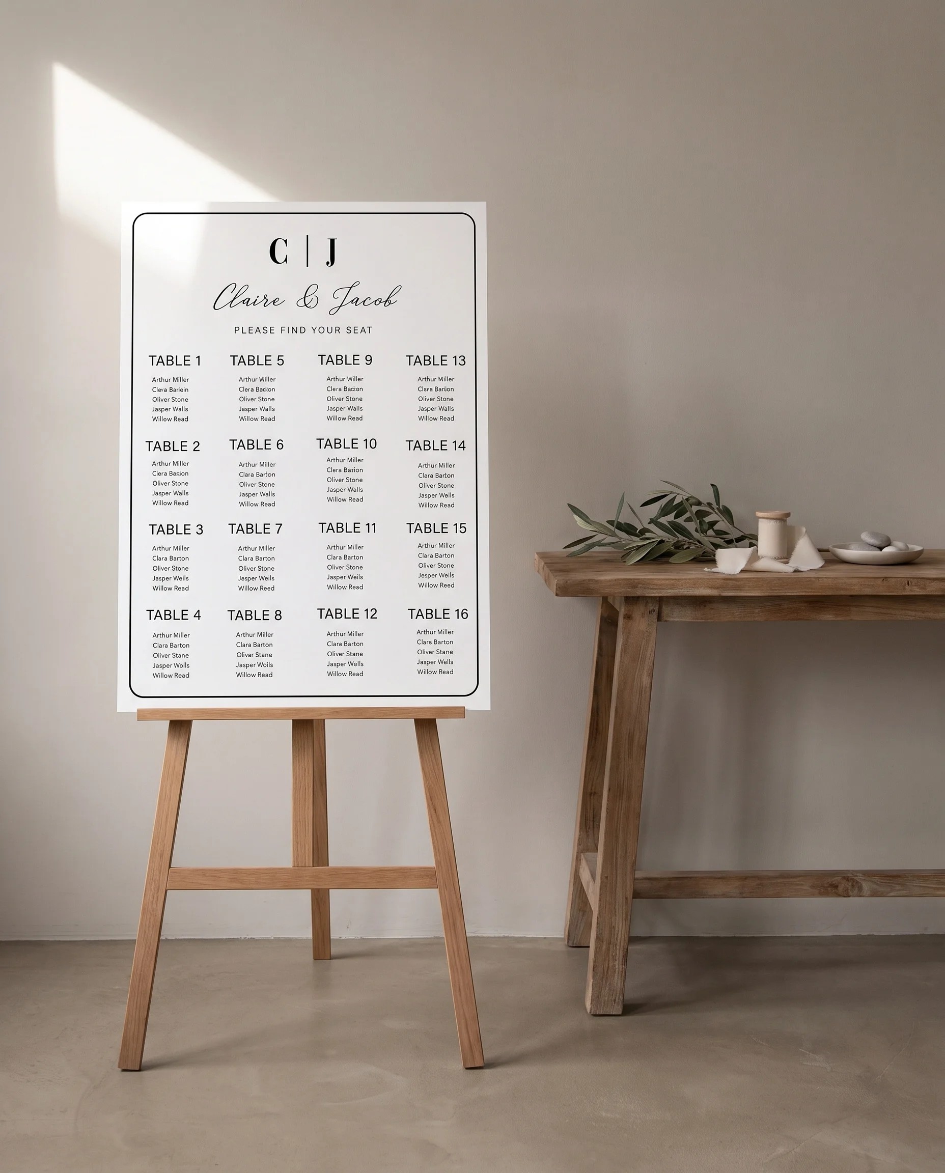 Lyris wedding seating chart — shown beside furniture for scale under soft natural light with a slight overhead angle, wedding seating chart template