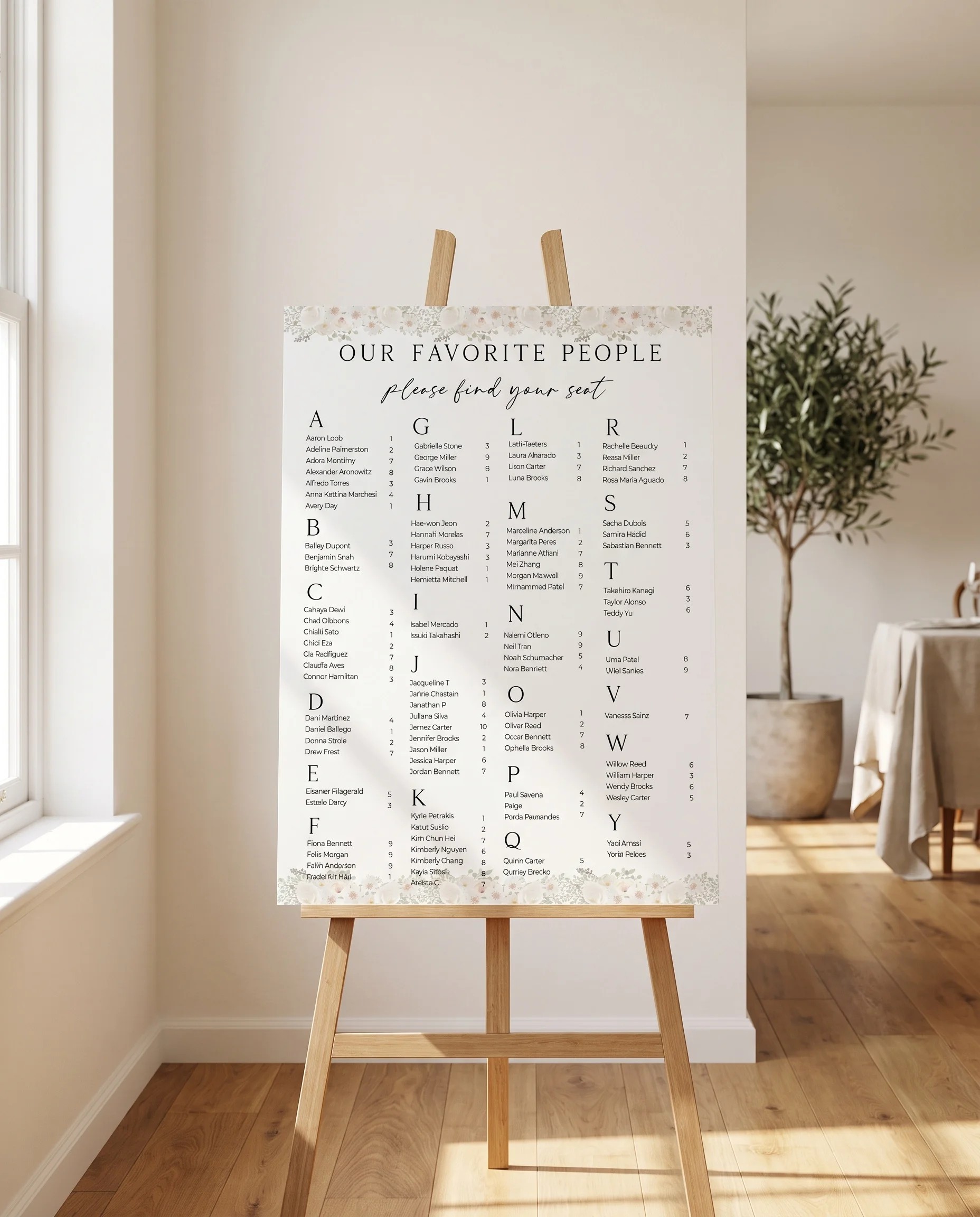 Seraphine wedding seating chart — displayed on an easel under soft natural light at a slight overhead angle, wedding seating chart.