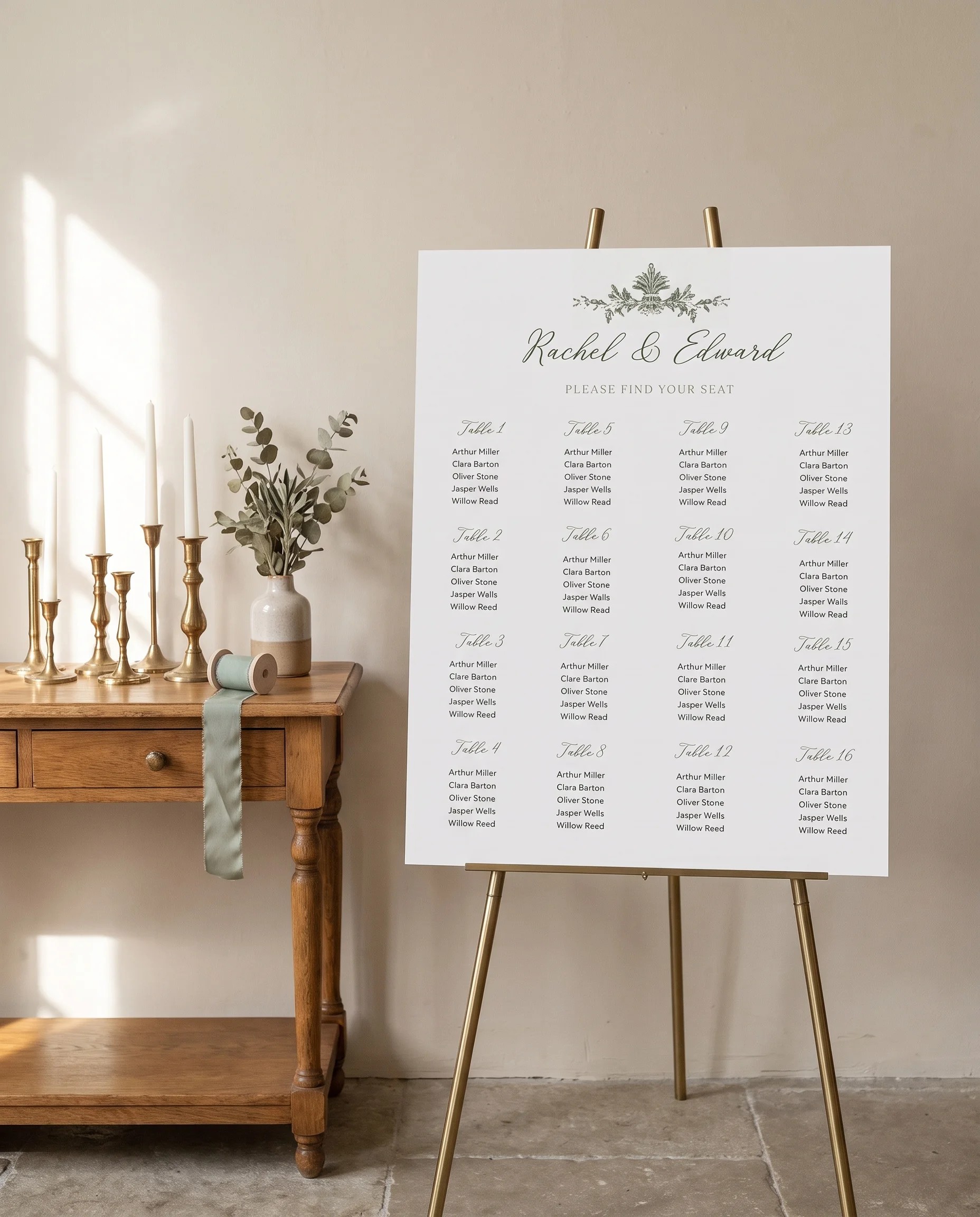 Sage Crest wedding seating chart — shown beside furniture for scale under soft natural light, wedding seating chart template