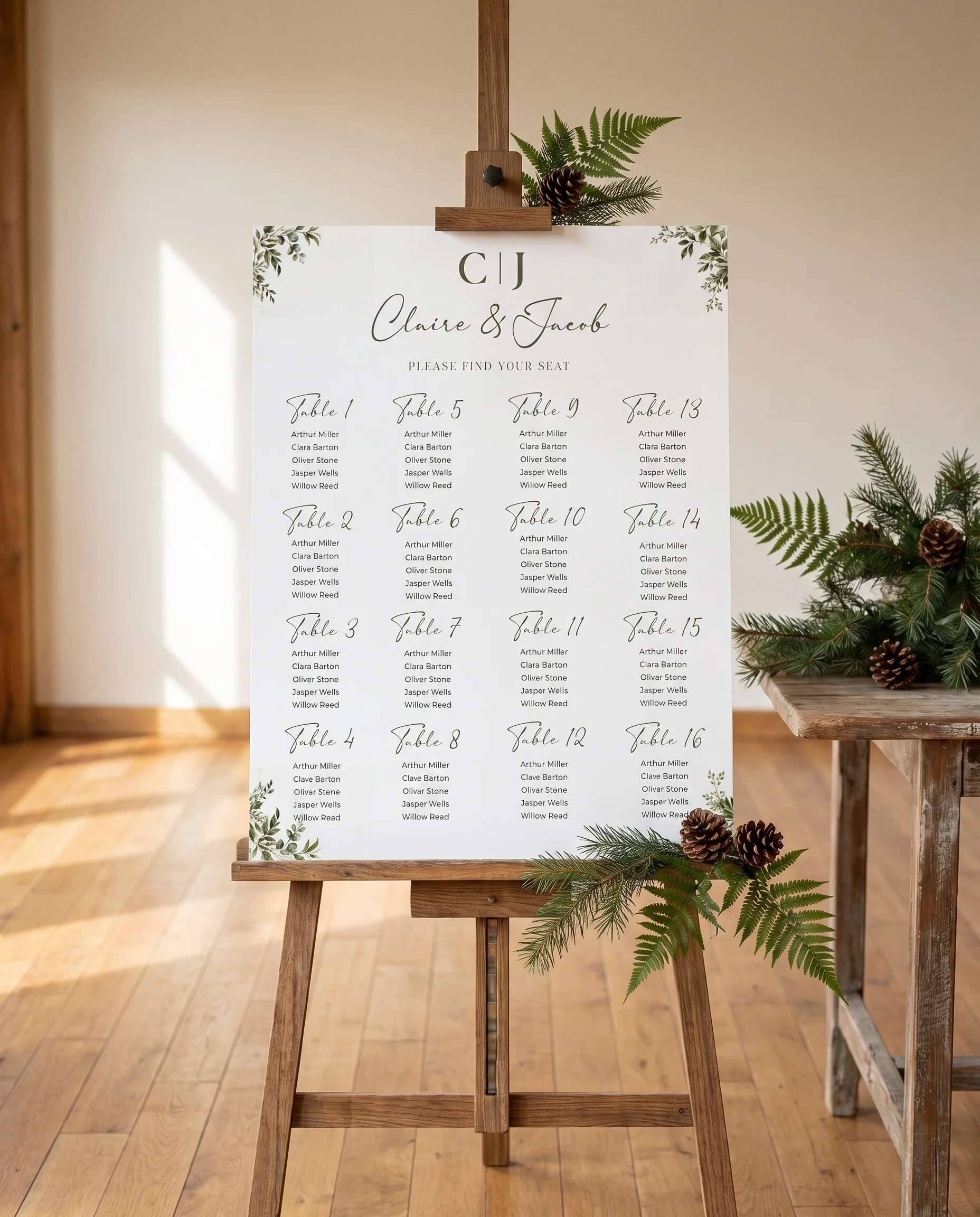 Canopy Grove wedding seating chart — single page displayed on an easel under soft natural light, wedding seating chart
