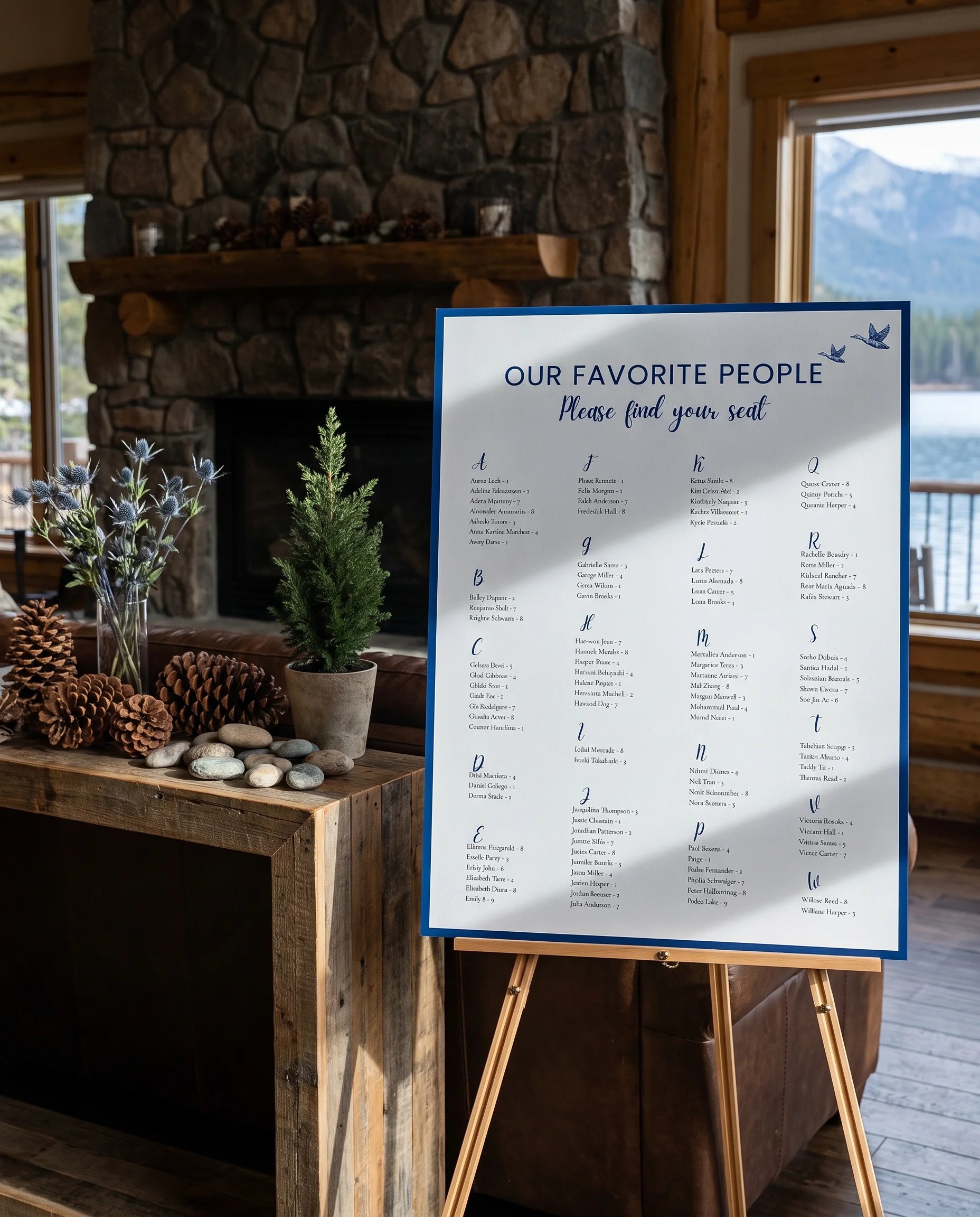 Blue Range wedding seating chart — single page shown beside furniture for scale under soft natural light, wedding seating chart template