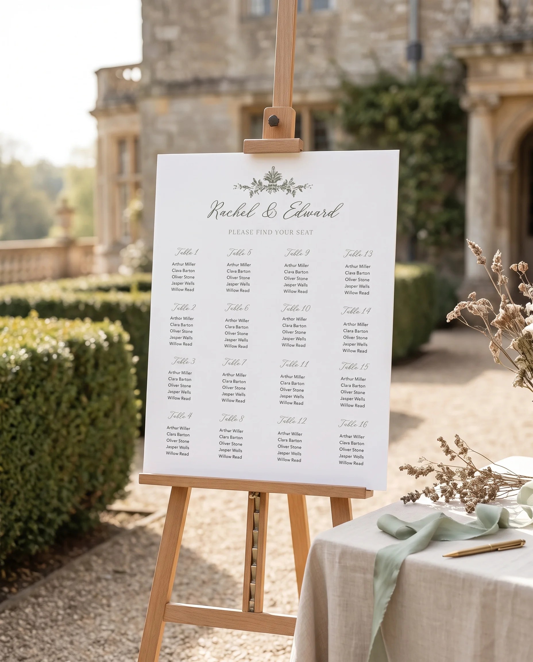 Sage Crest wedding seating chart — displayed at a reception entrance under soft natural light, seating chart template