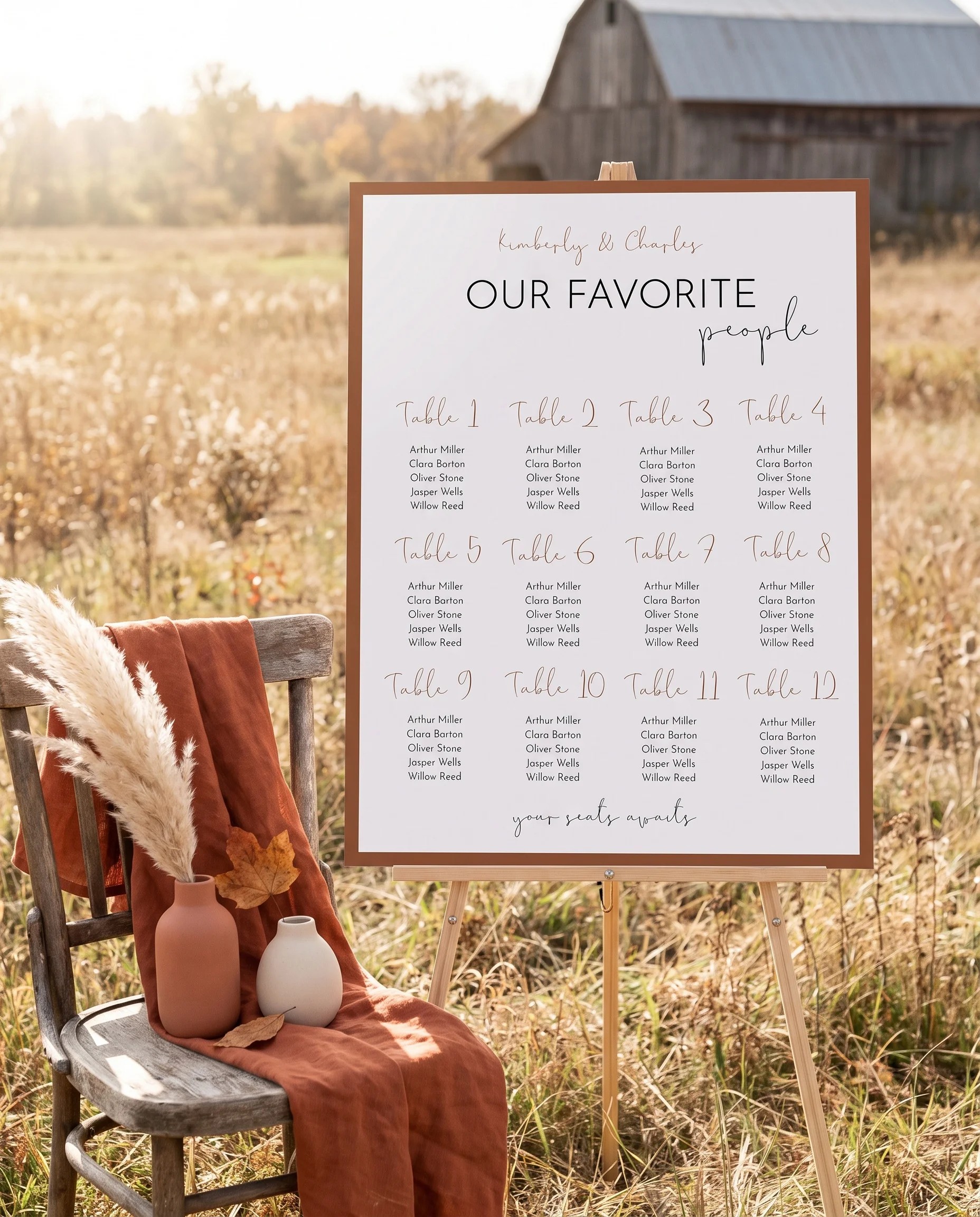 Stevens wedding seating chart — single page shown beside furniture for scale under soft natural light, wedding seating chart template