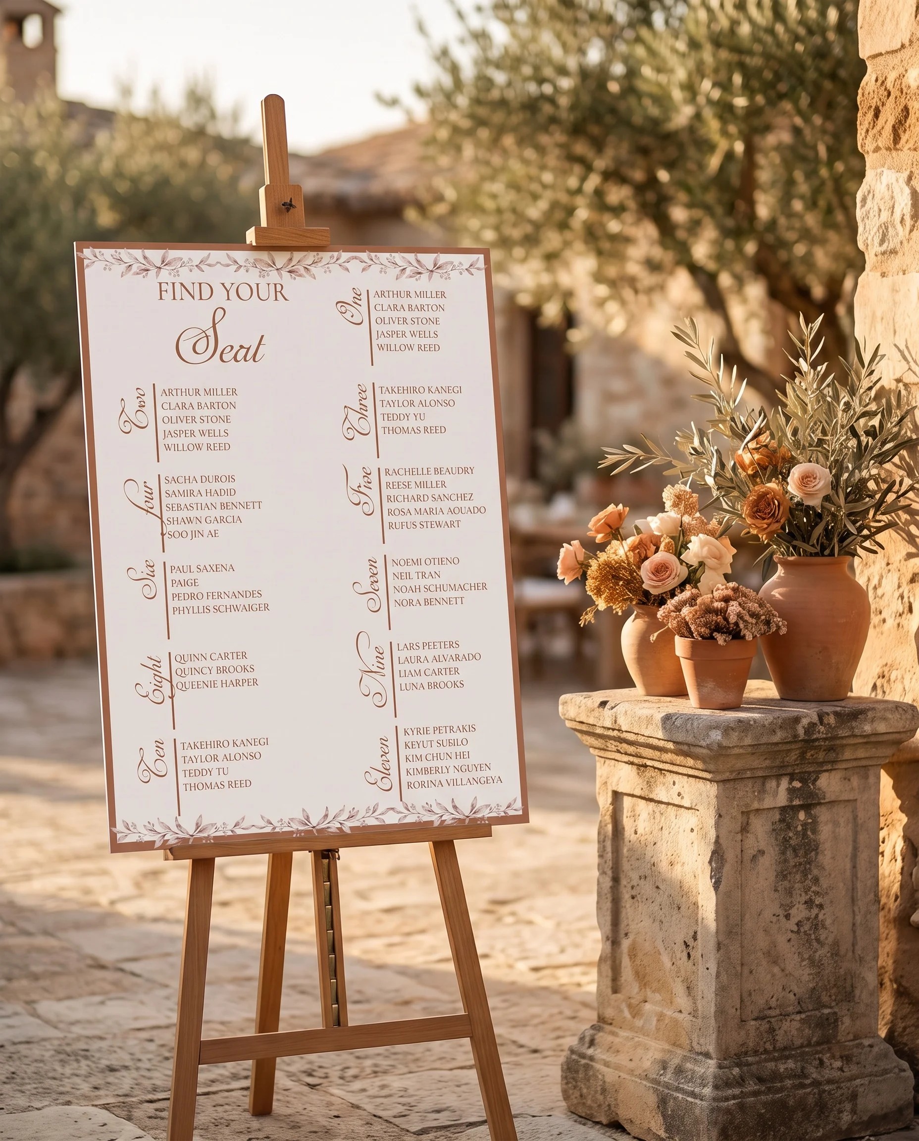 Sepia Sprig wedding seating chart — single page displayed at a reception entrance under soft natural light, seating chart template