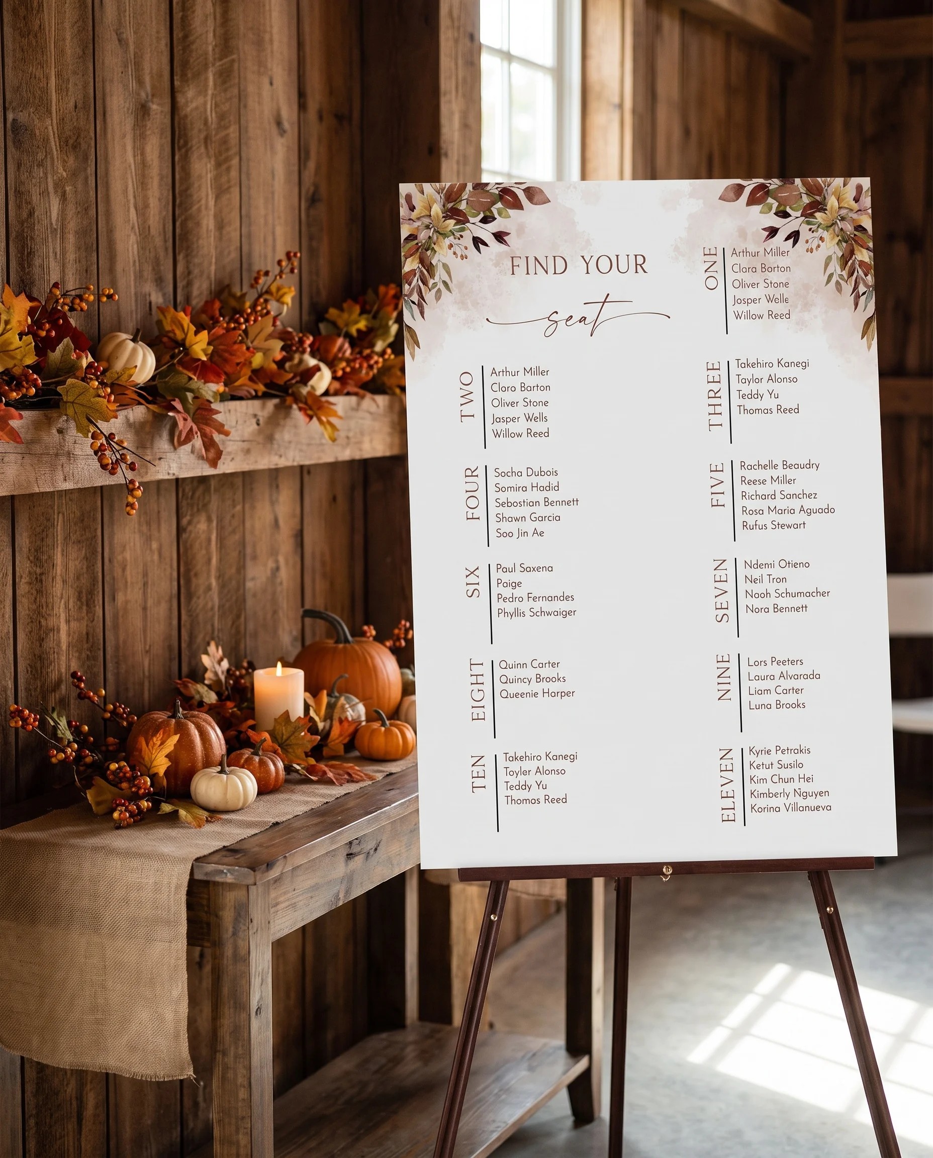 Autumn Bough wedding seating chart — shown beside furniture for scale under soft natural light, wedding seating chart template.