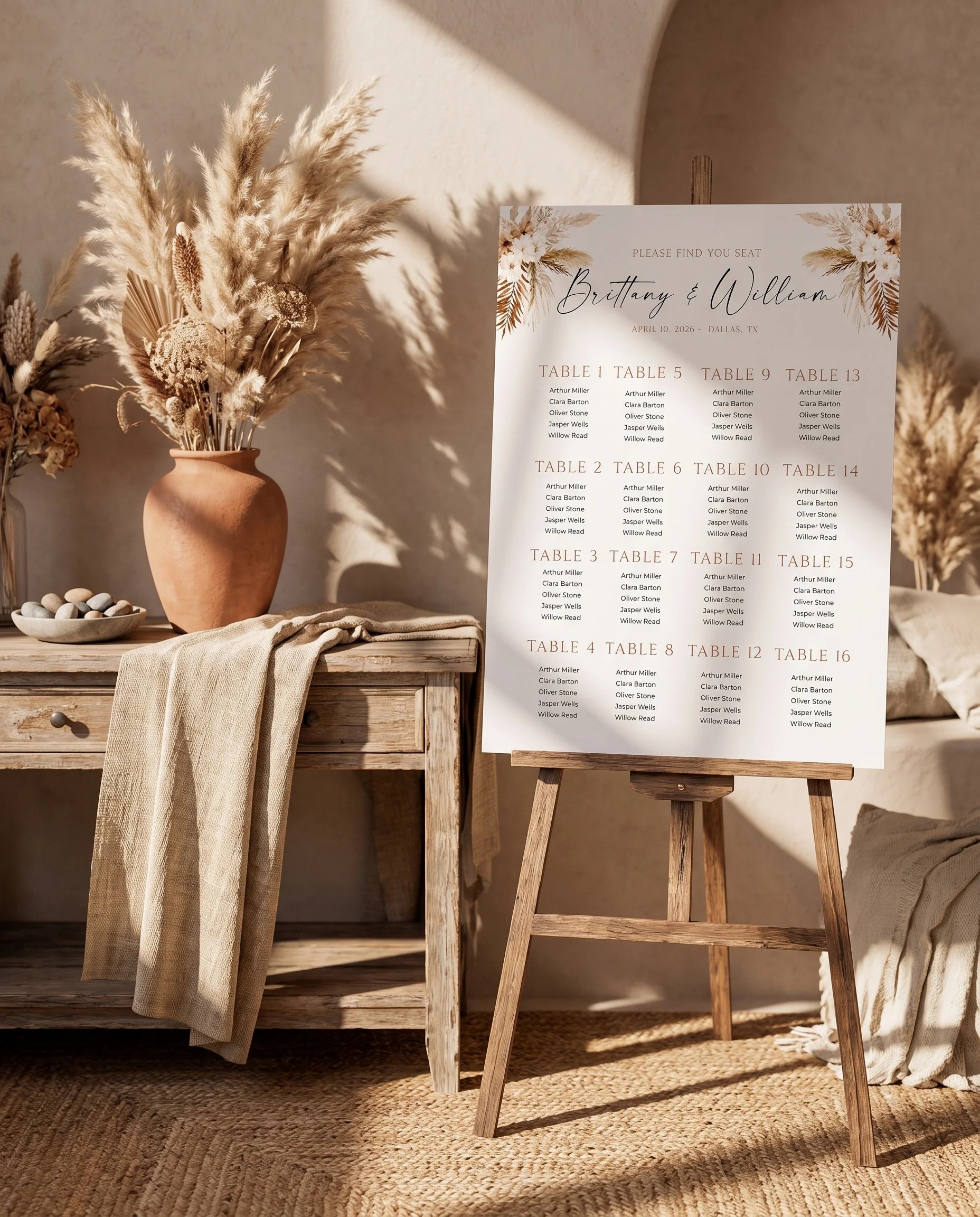 Pampas Bloom wedding seating chart — single page shown beside furniture for scale under soft natural light, wedding seating chart template