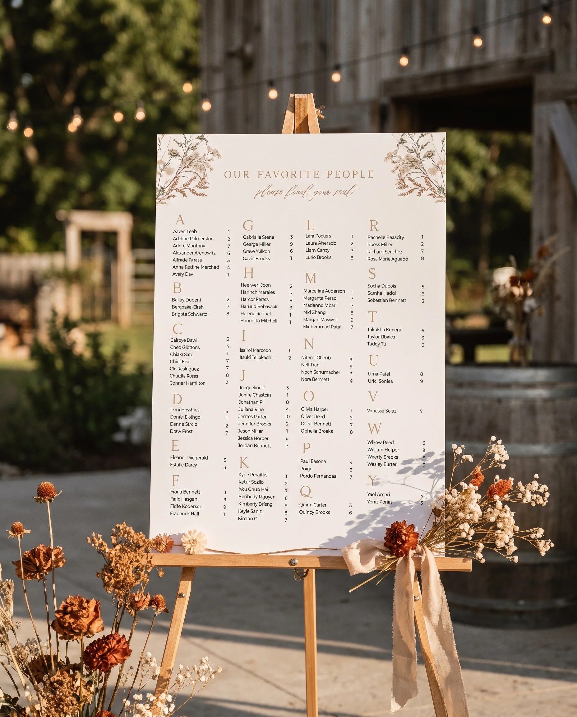 Bramble Court wedding seating chart — displayed at a reception entrance under soft natural light with a slight overhead angle, seating chart template