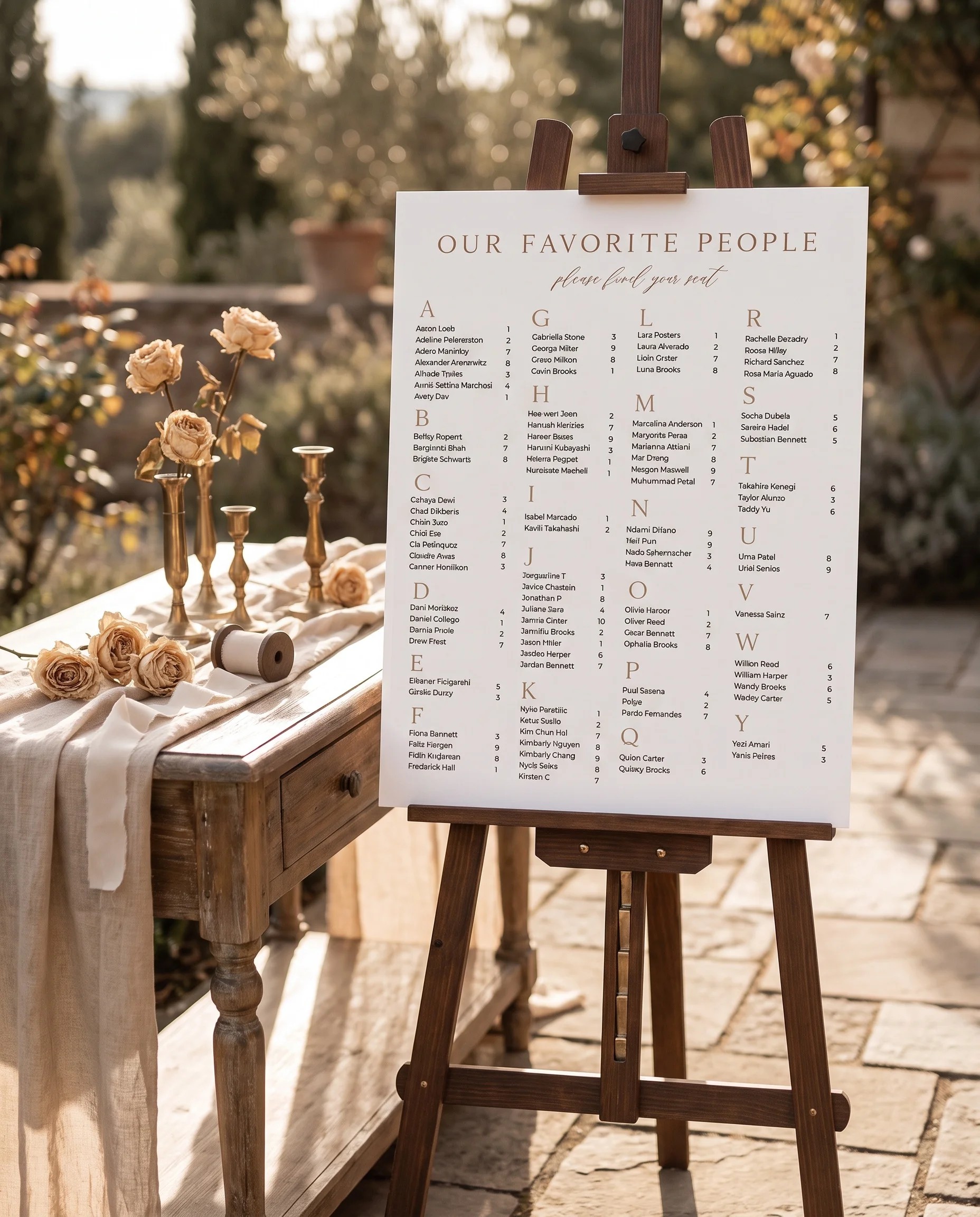 Sepia Crest wedding seating chart — shown beside furniture for scale under soft natural light, wedding seating chart template