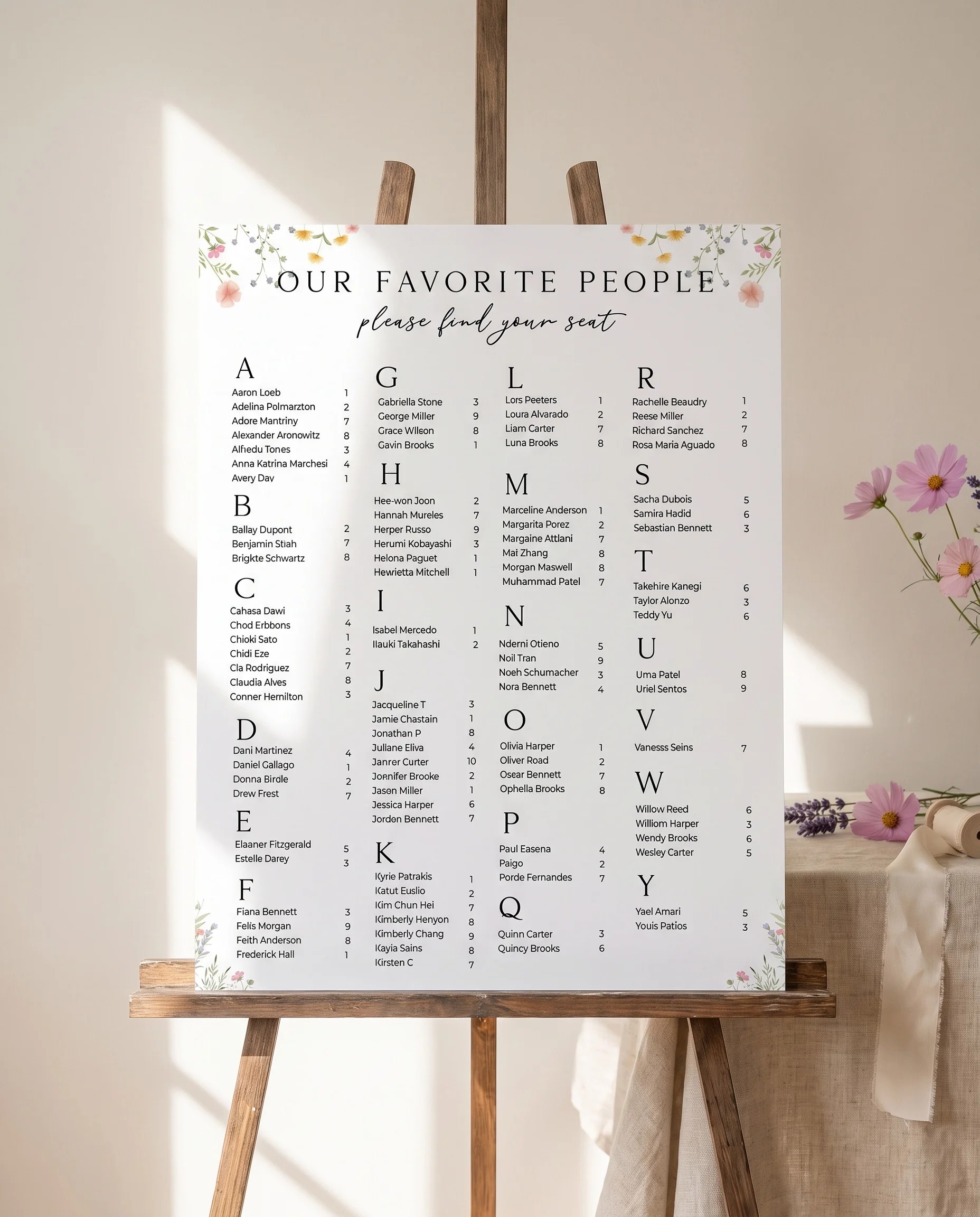 Floret Veil wedding seating chart — displayed on an easel under soft natural light with a slight overhead angle, wedding seating chart.