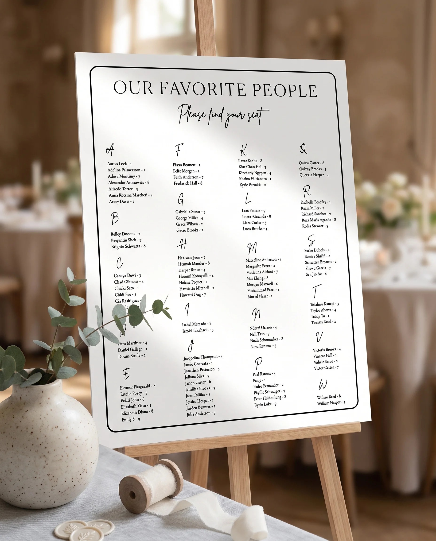 Contour wedding seating chart — displayed at a reception entrance under soft natural light with a slight overhead angle, seating chart template