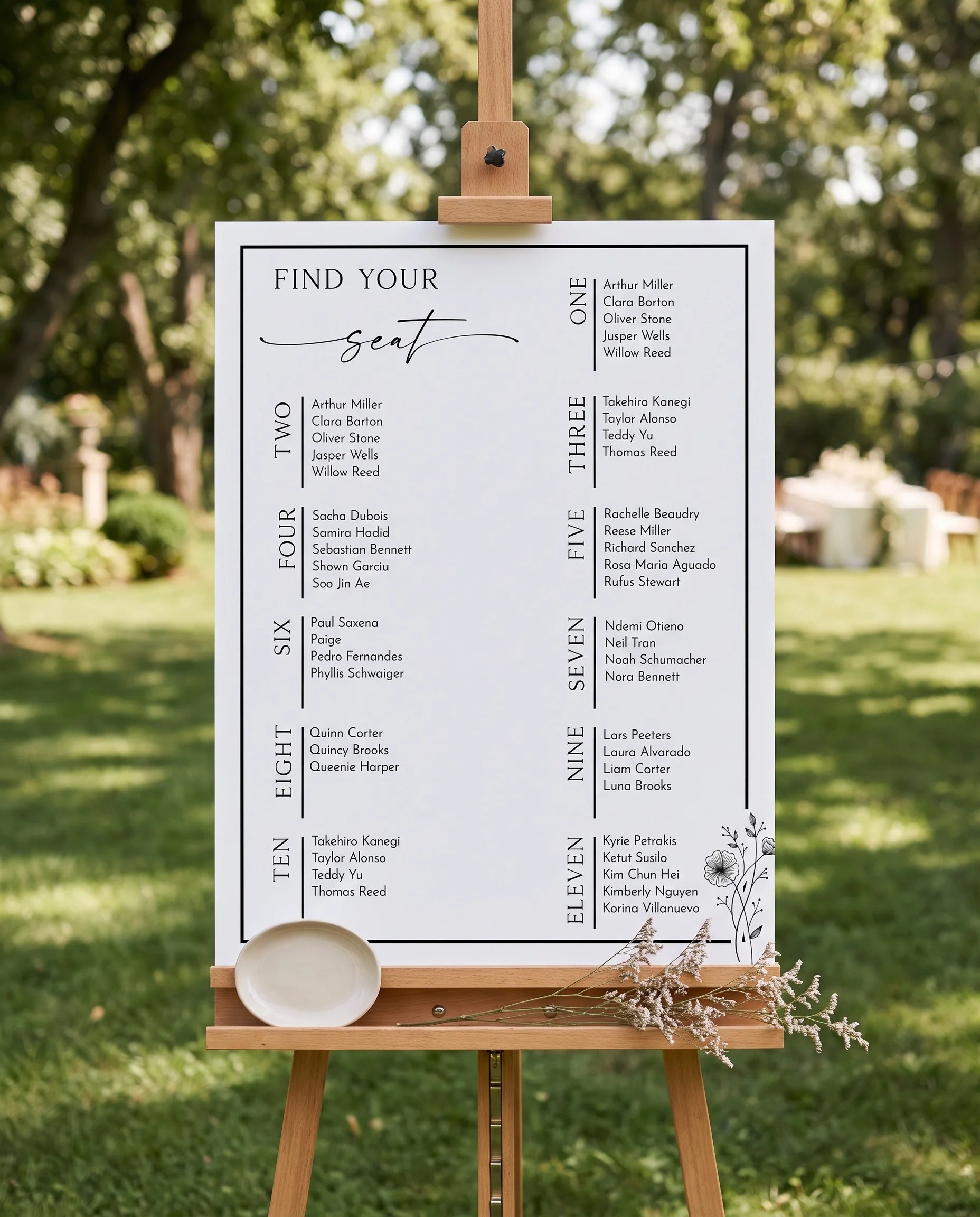 Hush Bloom wedding seating chart — displayed on an easel under soft natural light with a slight overhead angle, wedding seating chart.