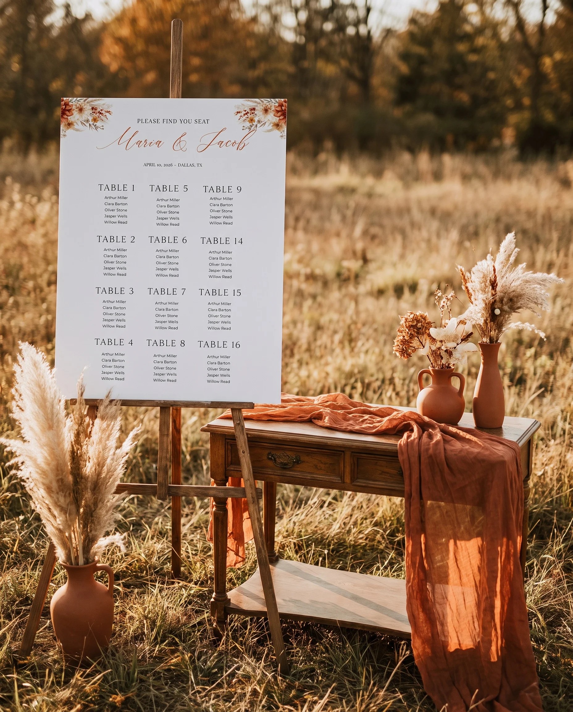 Dahlia Ember wedding seating chart — shown beside furniture for scale under soft natural light, wedding seating chart template.