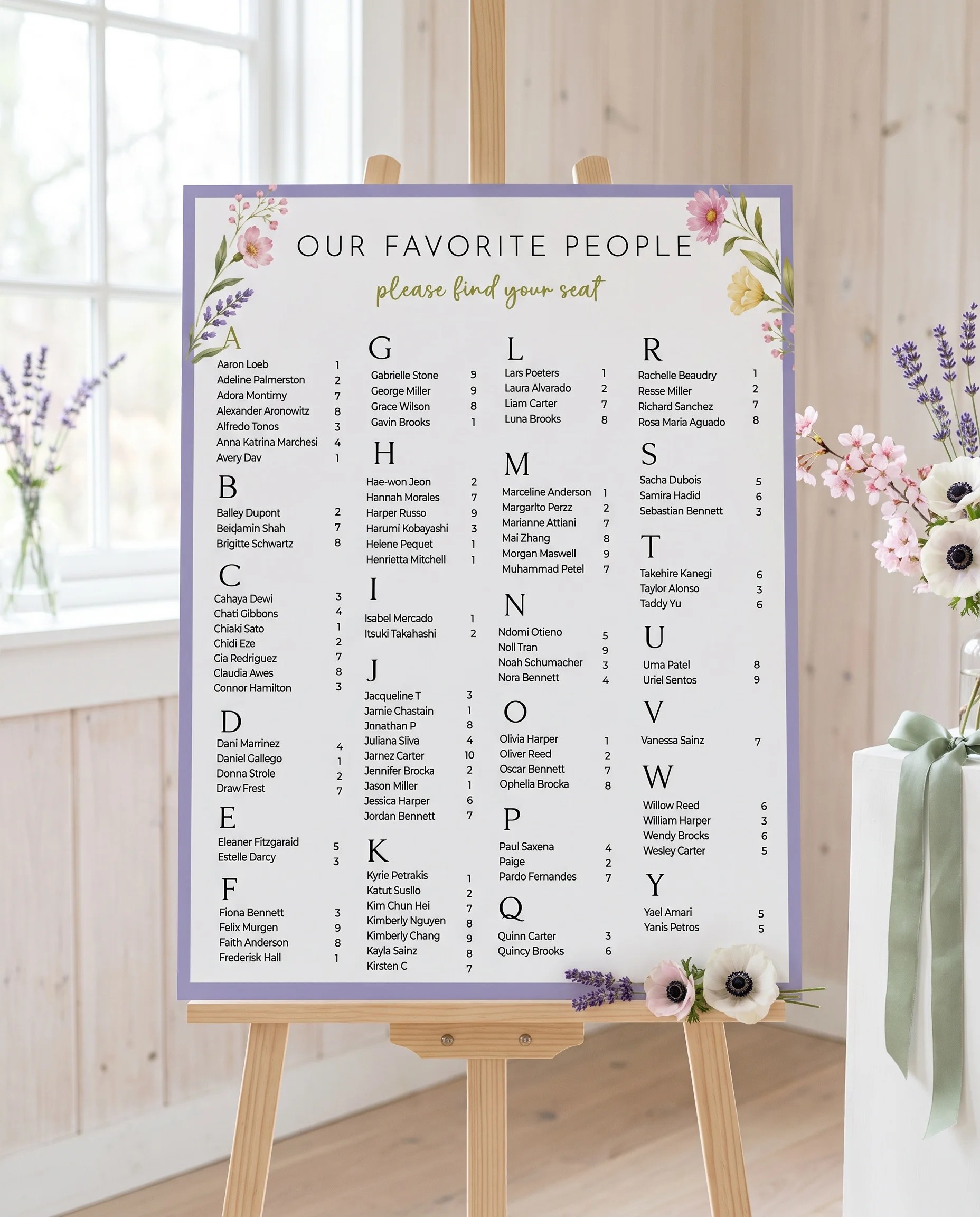 Anemone Toast wedding seating chart — displayed on an easel under soft natural light with a slight overhead angle, wedding seating chart