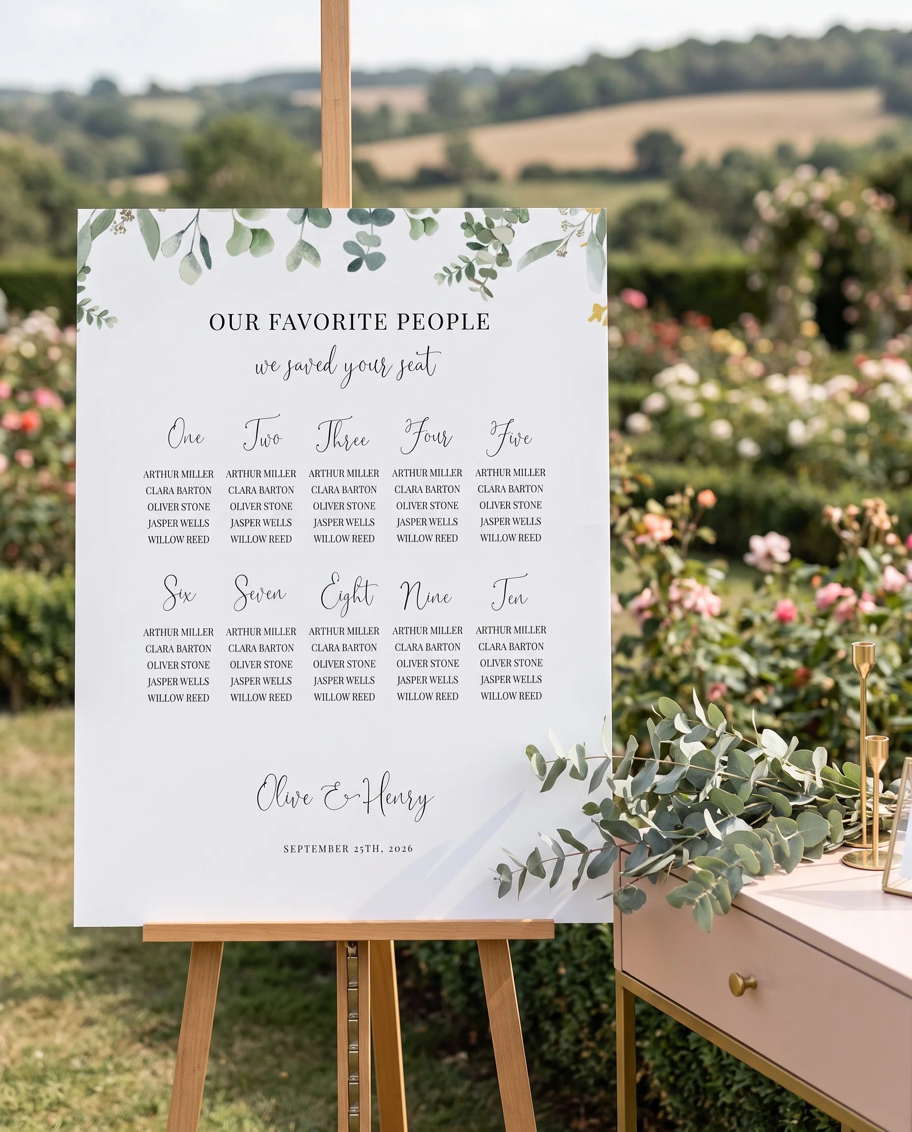 Eucalyptus Gold wedding seating chart — shown beside furniture for scale under soft natural light, wedding seating chart template