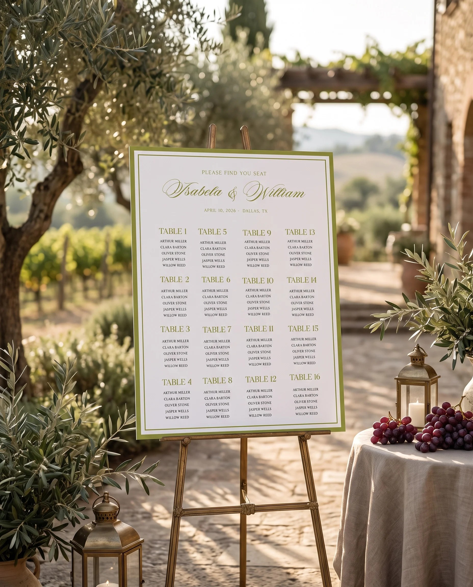 Olive Baroque wedding seating chart — displayed at a reception entrance under soft natural light, seating chart template.