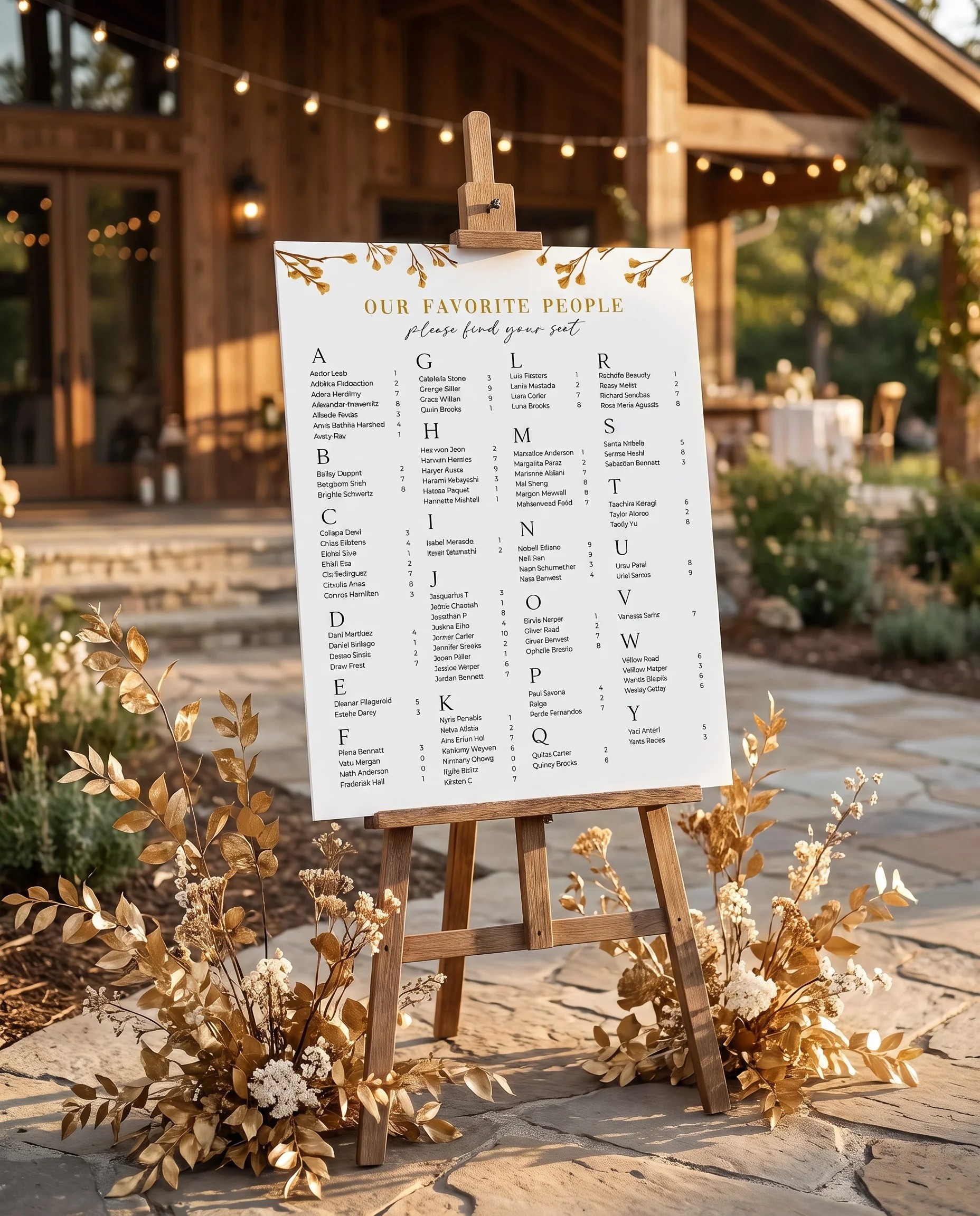 Golden Vine wedding seating chart — displayed at a reception entrance under soft natural light, seating chart template