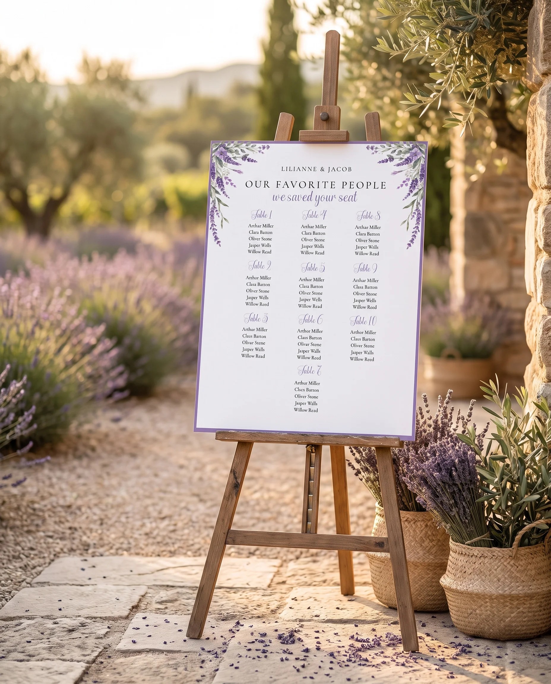 Provence Fields wedding seating chart — single page displayed at a reception entrance under soft natural light, seating chart template