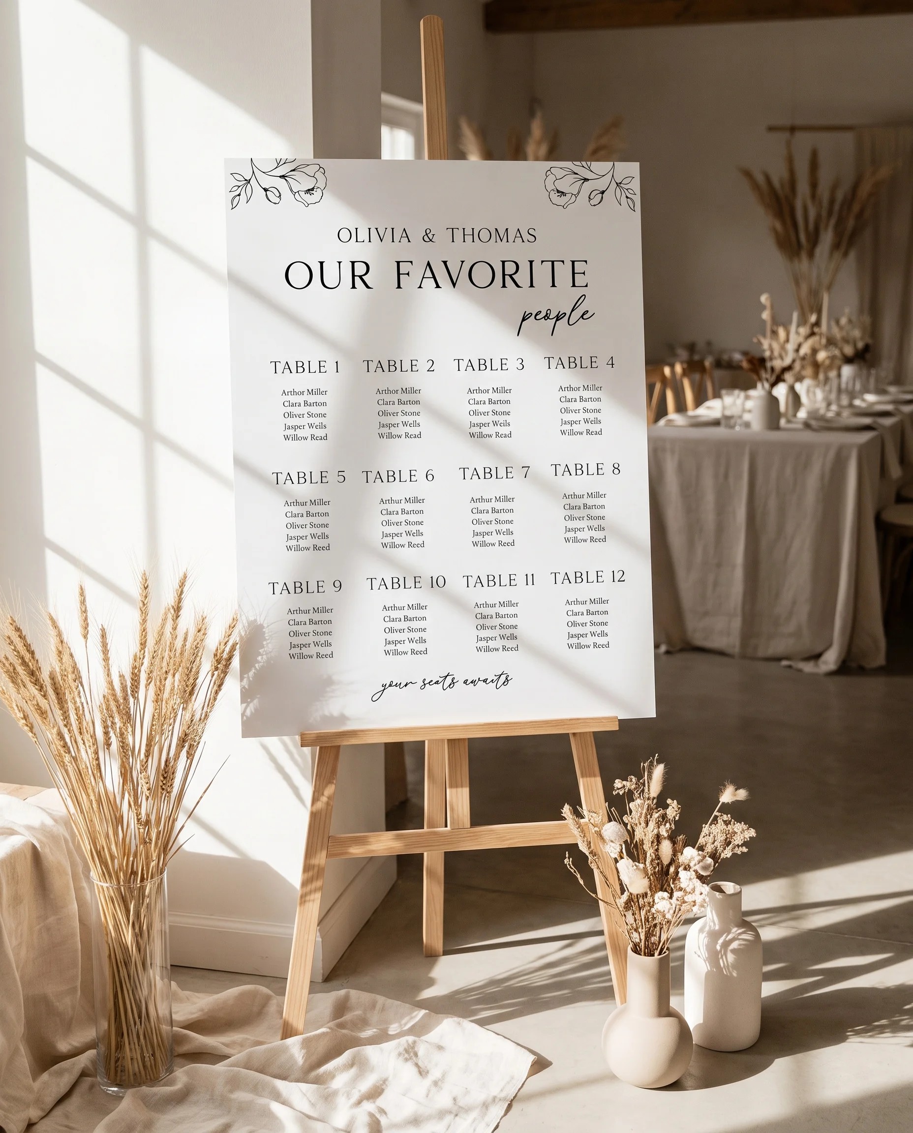 Meadow Sprig wedding seating chart — single page shown at a reception entrance under soft natural light, seating chart template