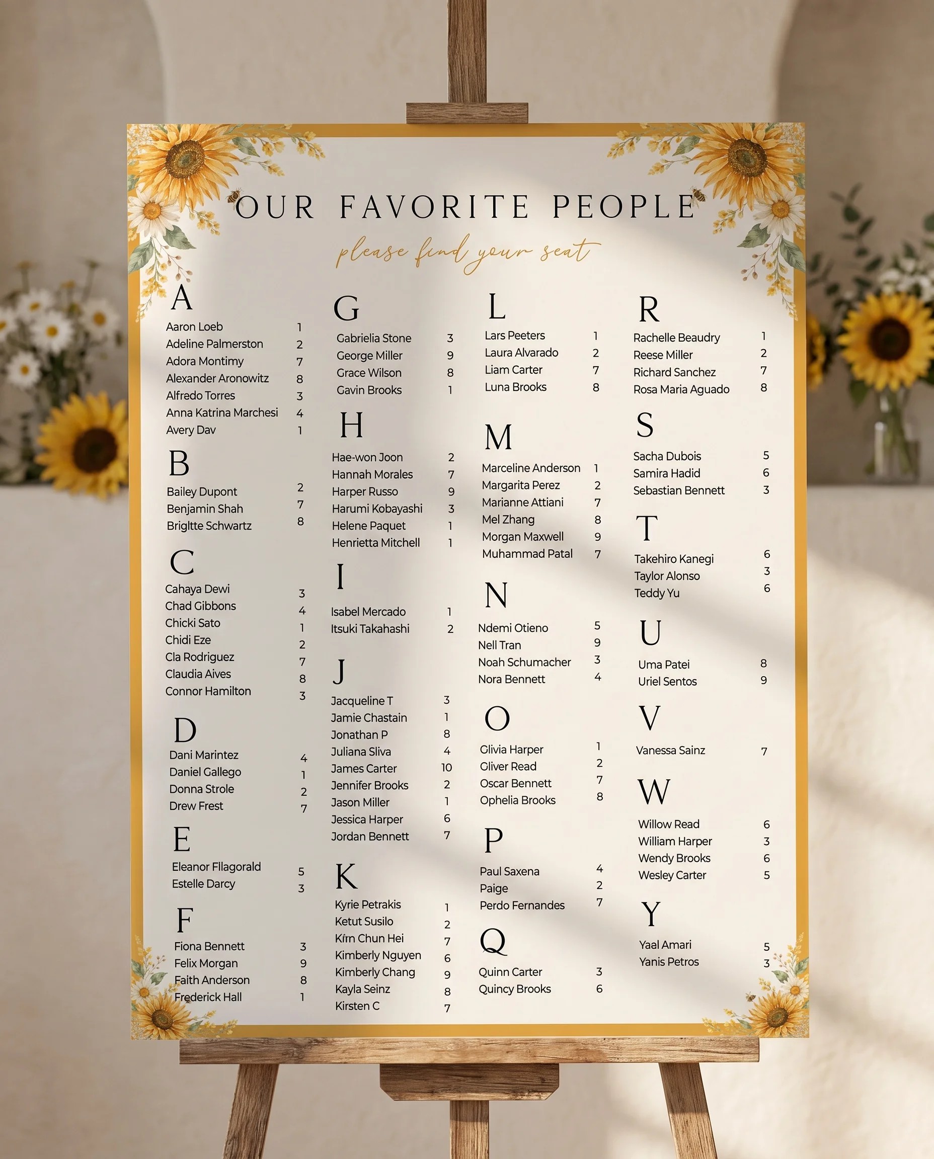 Honeyfield wedding seating chart — single page displayed on an easel in soft natural light, wedding seating chart
