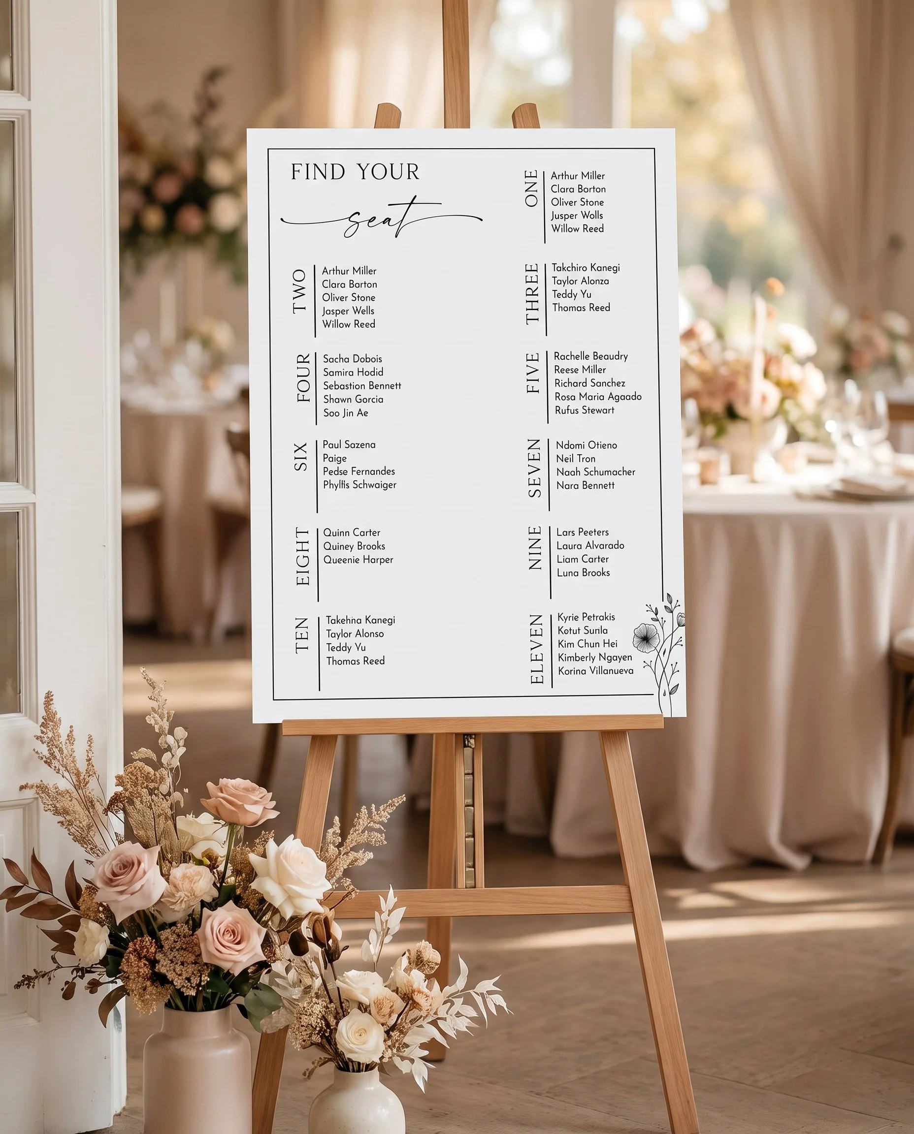 Hush Bloom wedding seating chart — single page displayed at a reception entrance under soft natural light, seating chart template