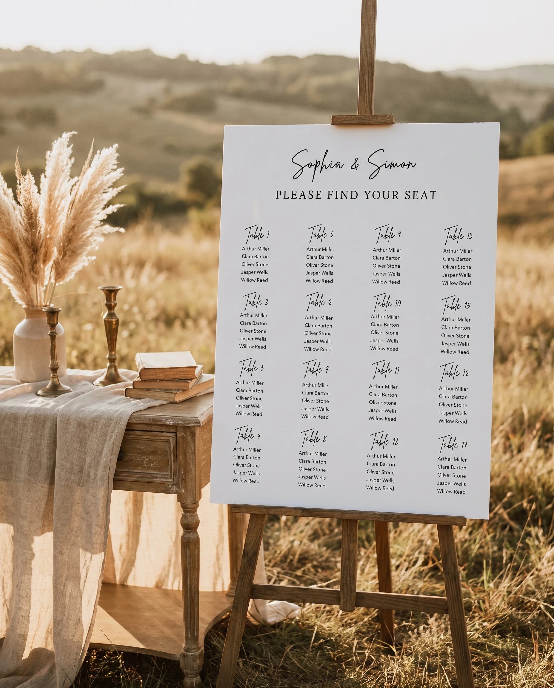 Arrowcrest wedding seating chart — single page shown beside furniture for scale under soft natural light, wedding seating chart template.