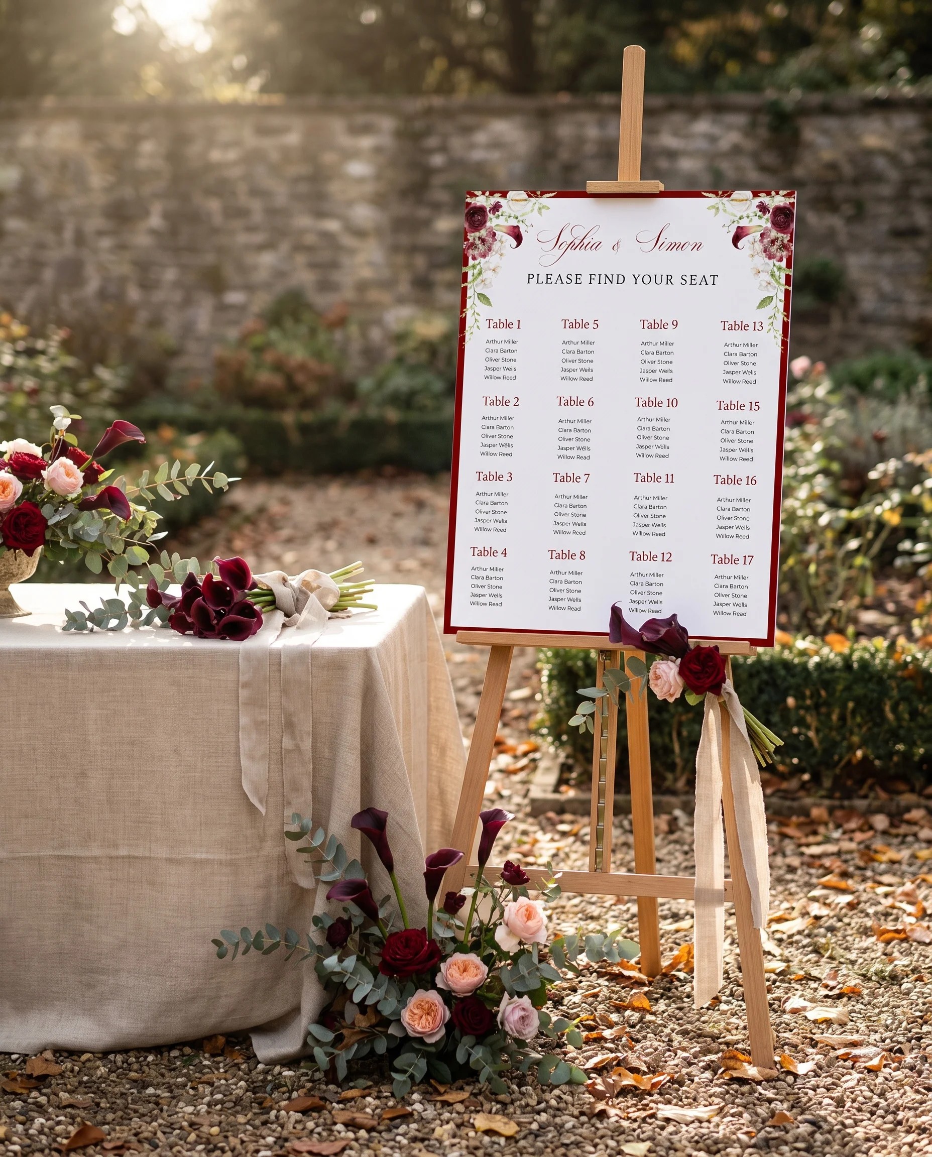Burgundy Calla wedding seating chart — single page shown beside furniture for scale under soft natural light, wedding seating chart template