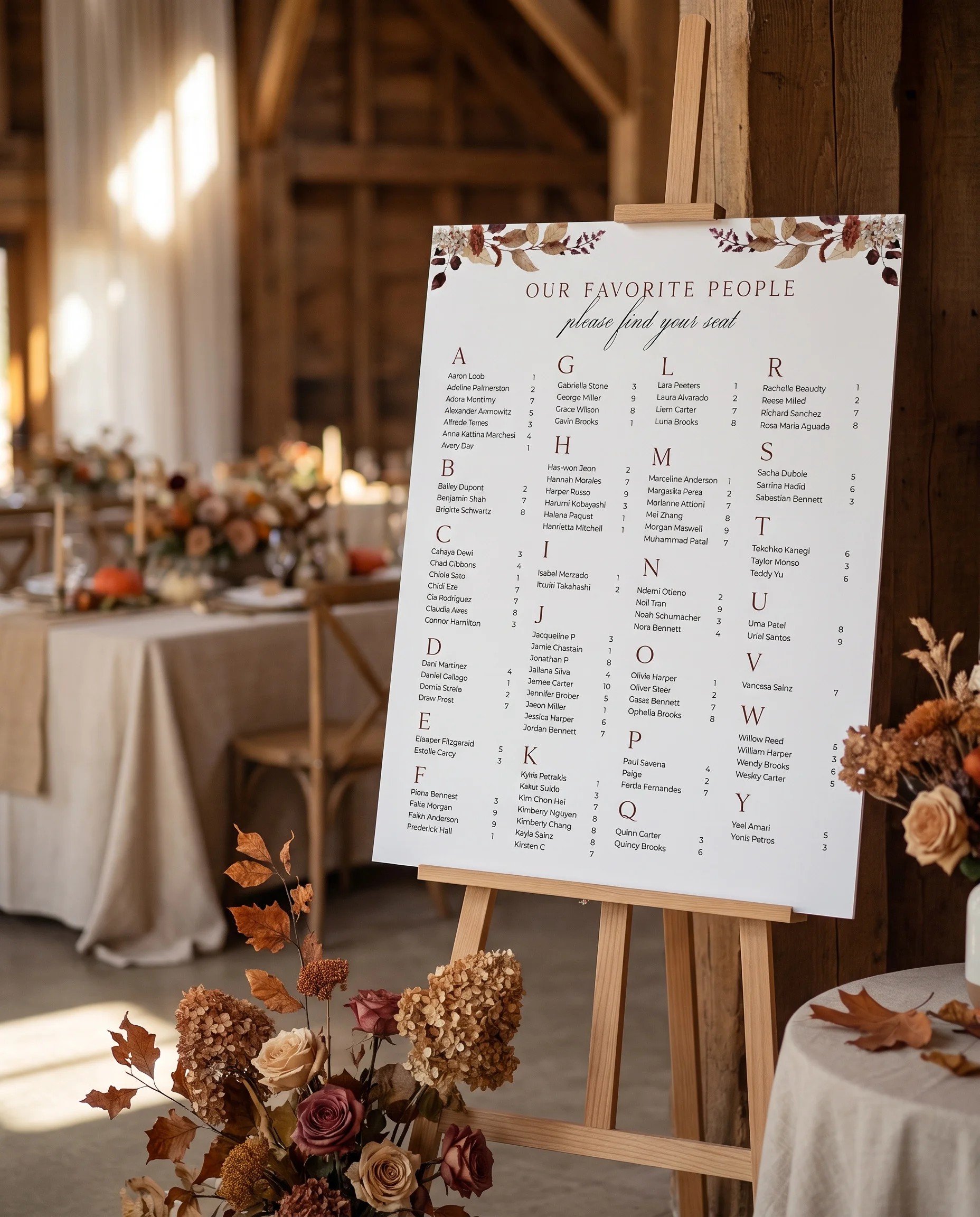 Bramble Row wedding seating chart — displayed at a reception entrance under soft natural light with a slight overhead angle, seating chart template