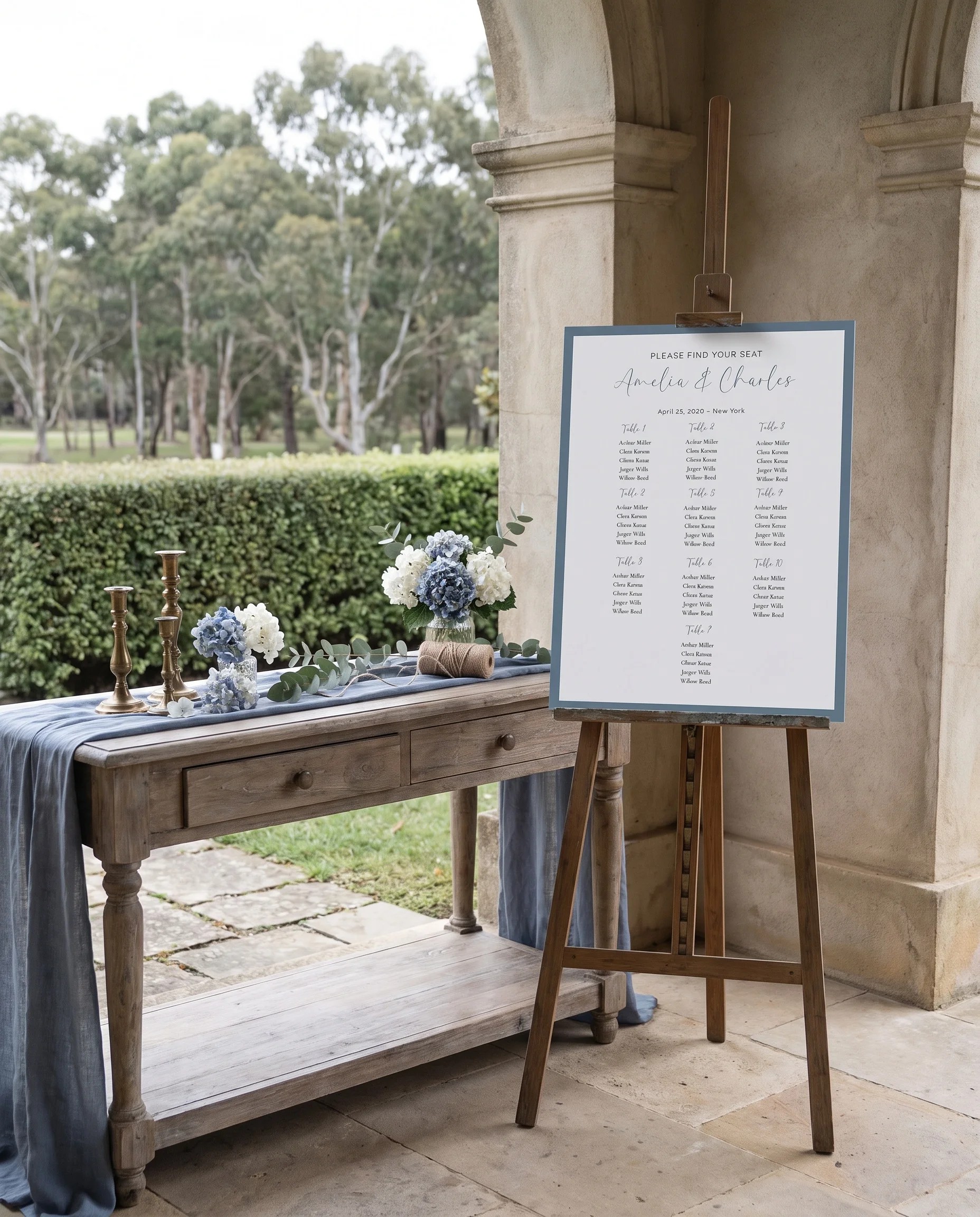 Arrow Crest wedding seating chart — shown beside furniture for scale under soft natural light, wedding seating chart template.