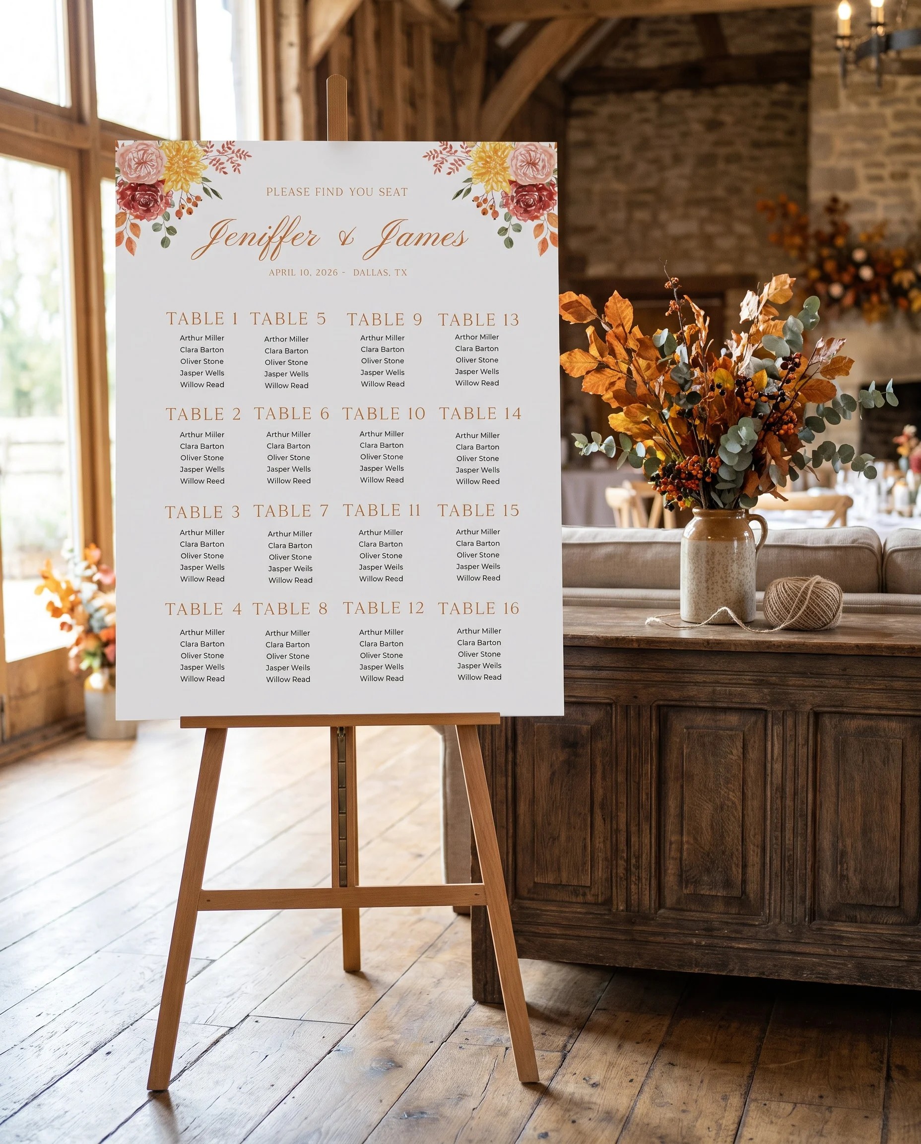 Ember Bloom wedding seating chart — single page shown beside furniture for scale under soft natural light, wedding seating chart template