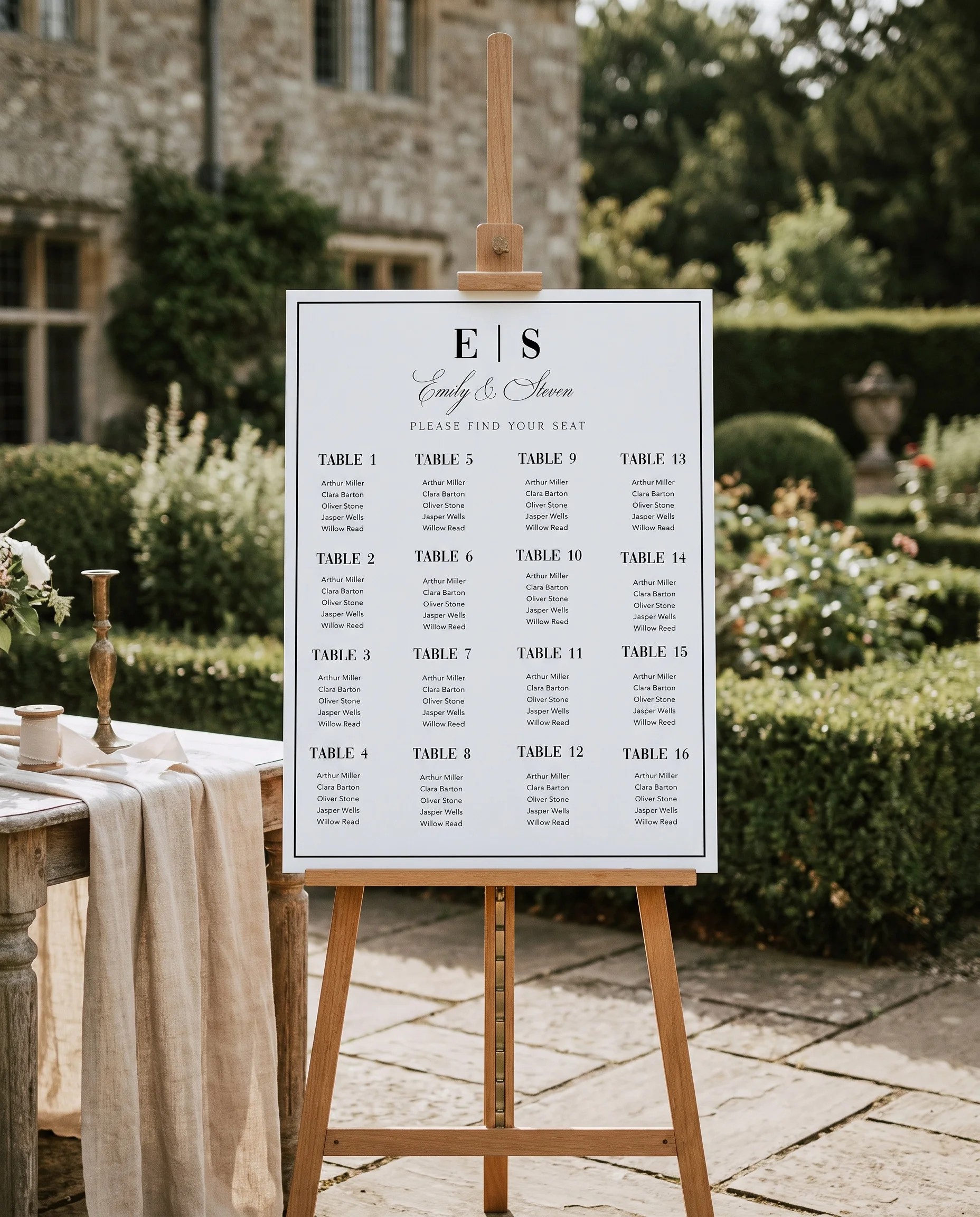Crestline wedding seating chart — shown beside furniture for scale under soft natural light, wedding seating chart template.