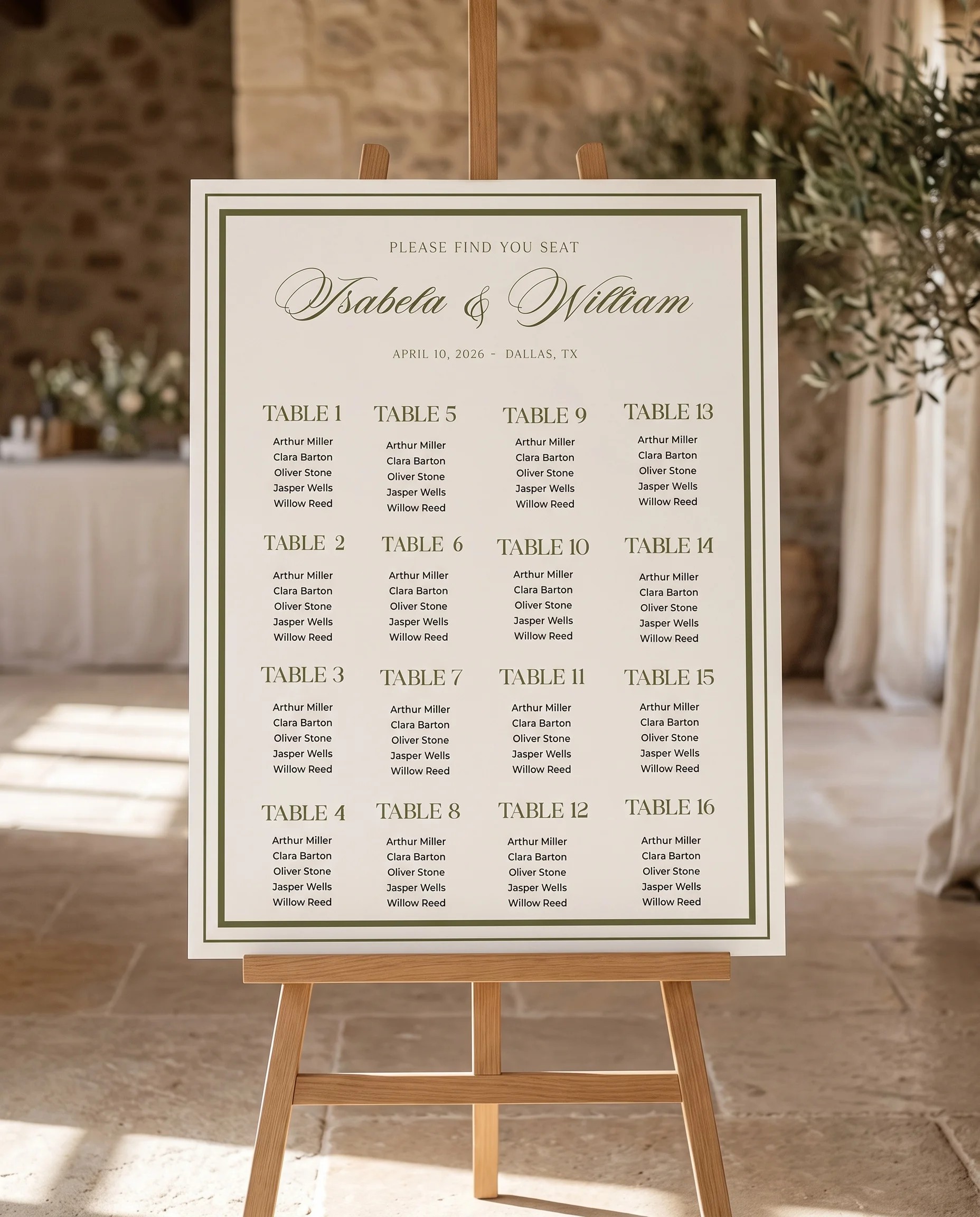 Olive Script wedding seating chart — displayed on an easel under soft natural light with a slight overhead angle, wedding seating chart