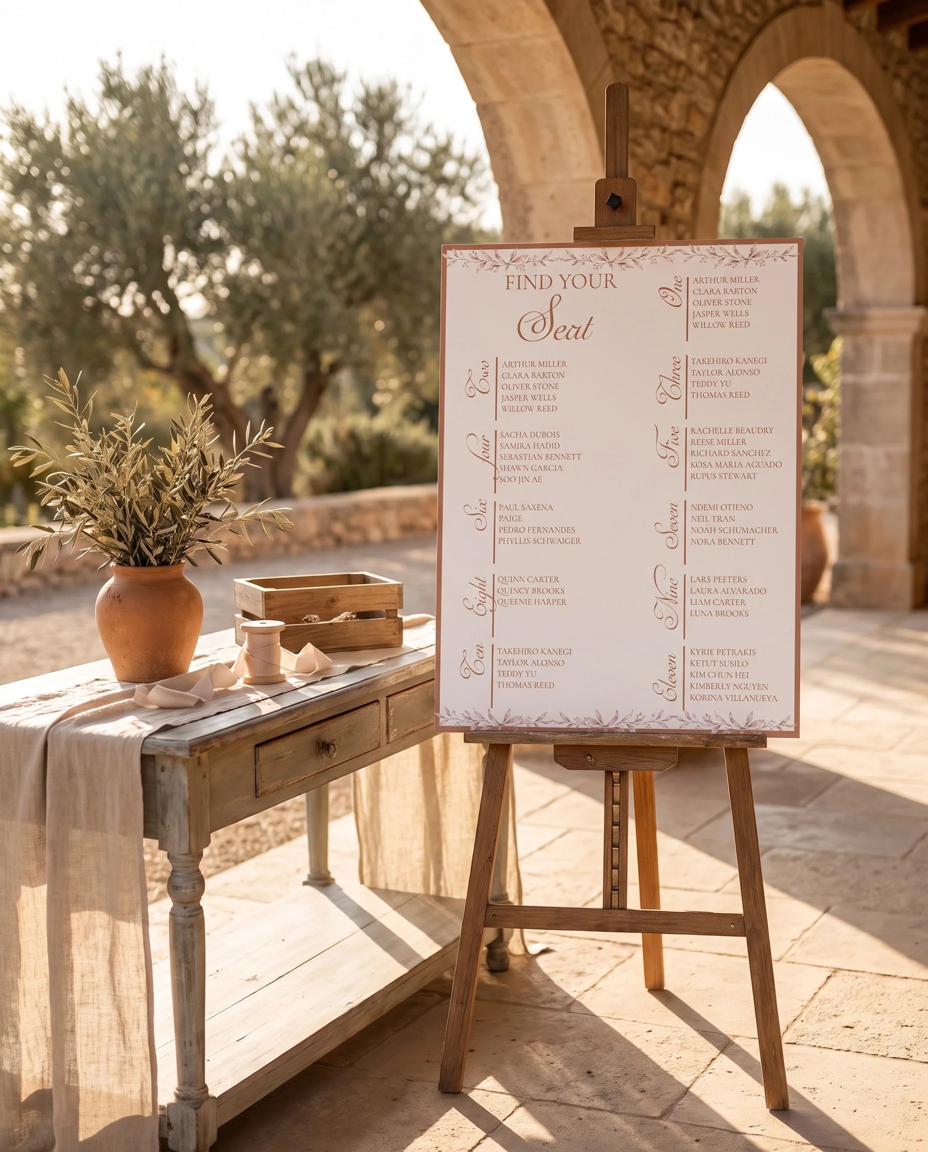 Sepia Sprig wedding seating chart — single page shown beside furniture for scale under soft natural light, wedding seating chart template