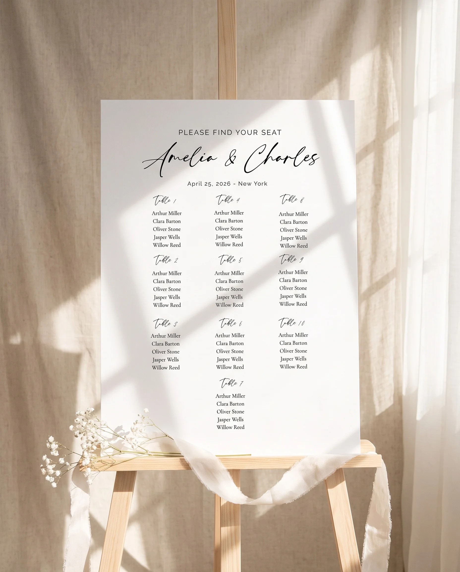 Cathedral wedding seating chart — displayed on an easel under soft natural light with a slight overhead angle, wedding seating chart