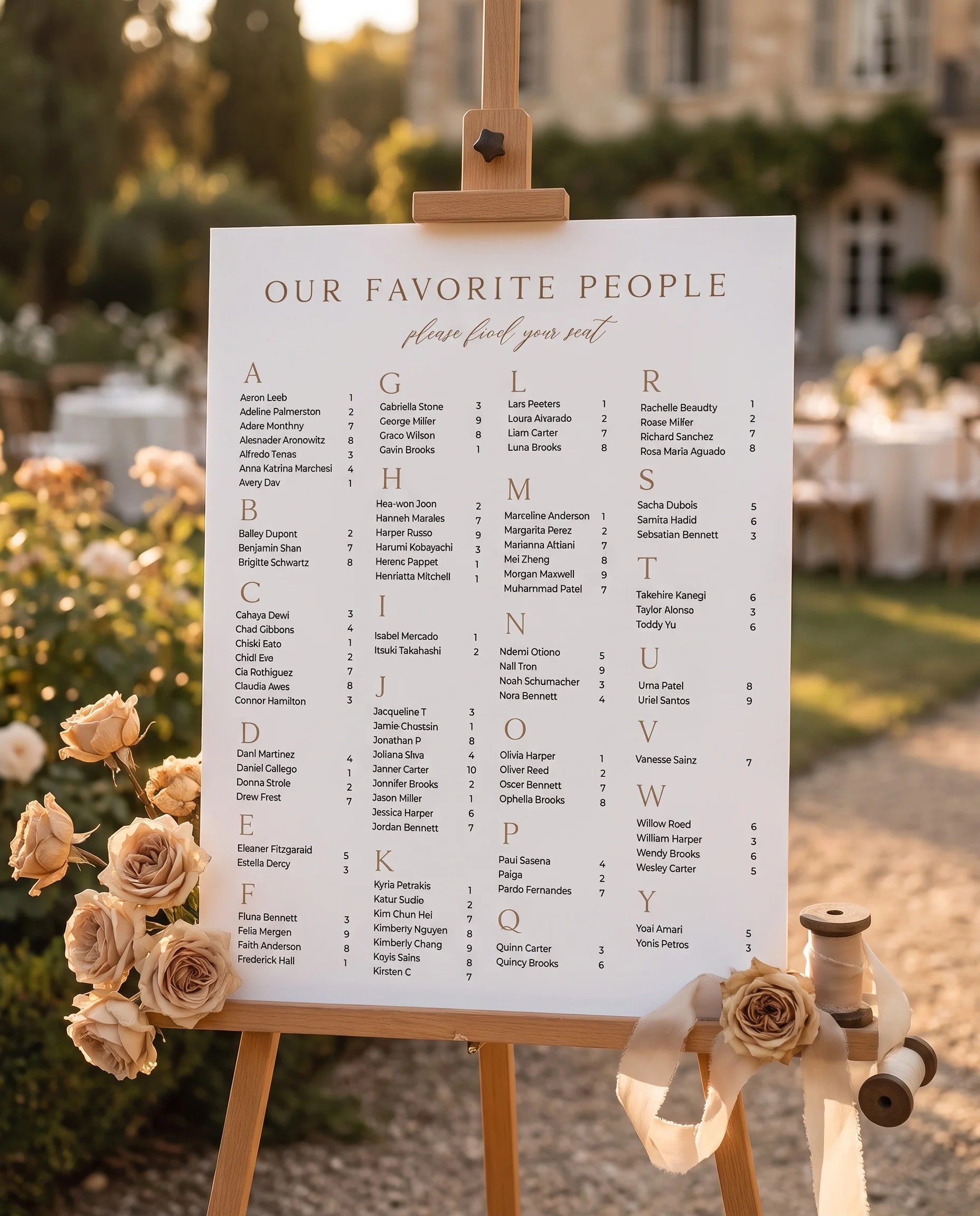 Sepia Crest wedding seating chart — displayed at a reception entrance under soft natural light with a slight overhead angle, seating chart template
