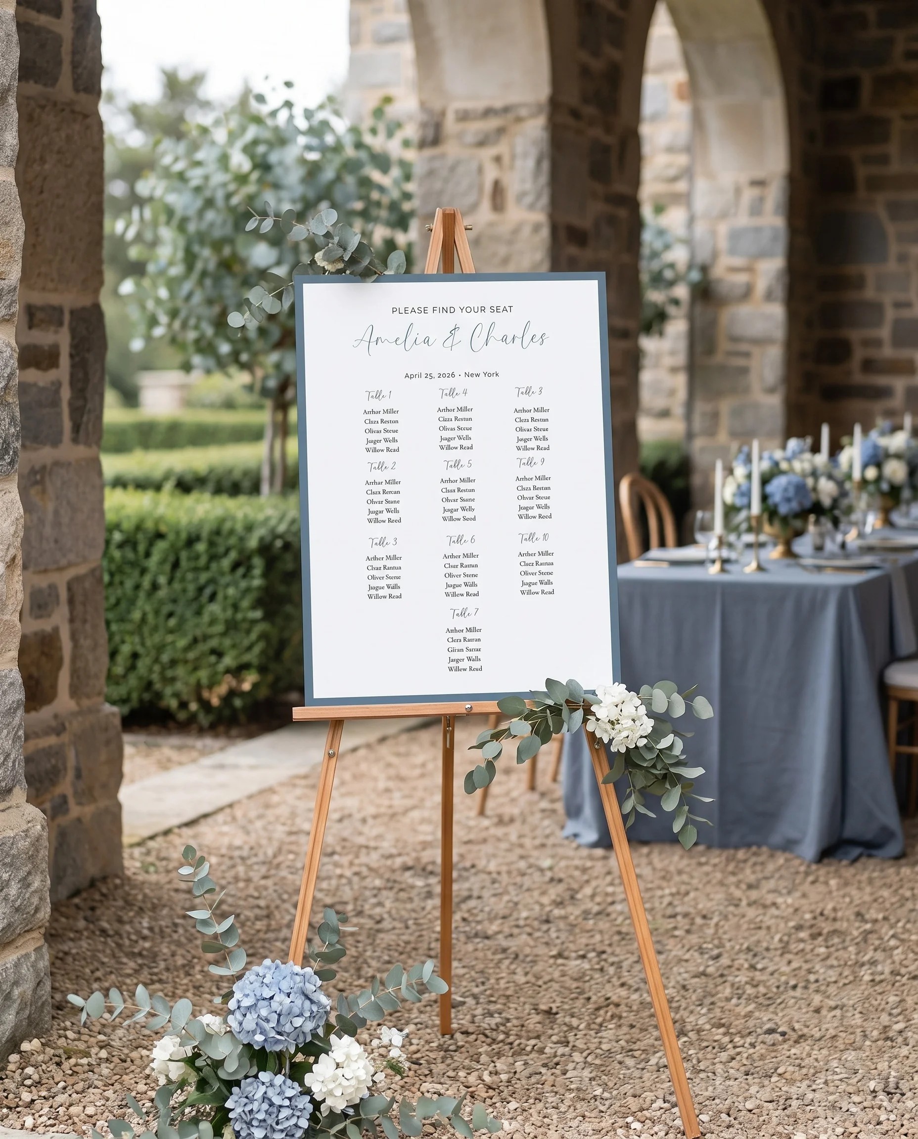 Arrow Crest wedding seating chart — single page displayed at a reception entrance under soft natural light, seating chart template.