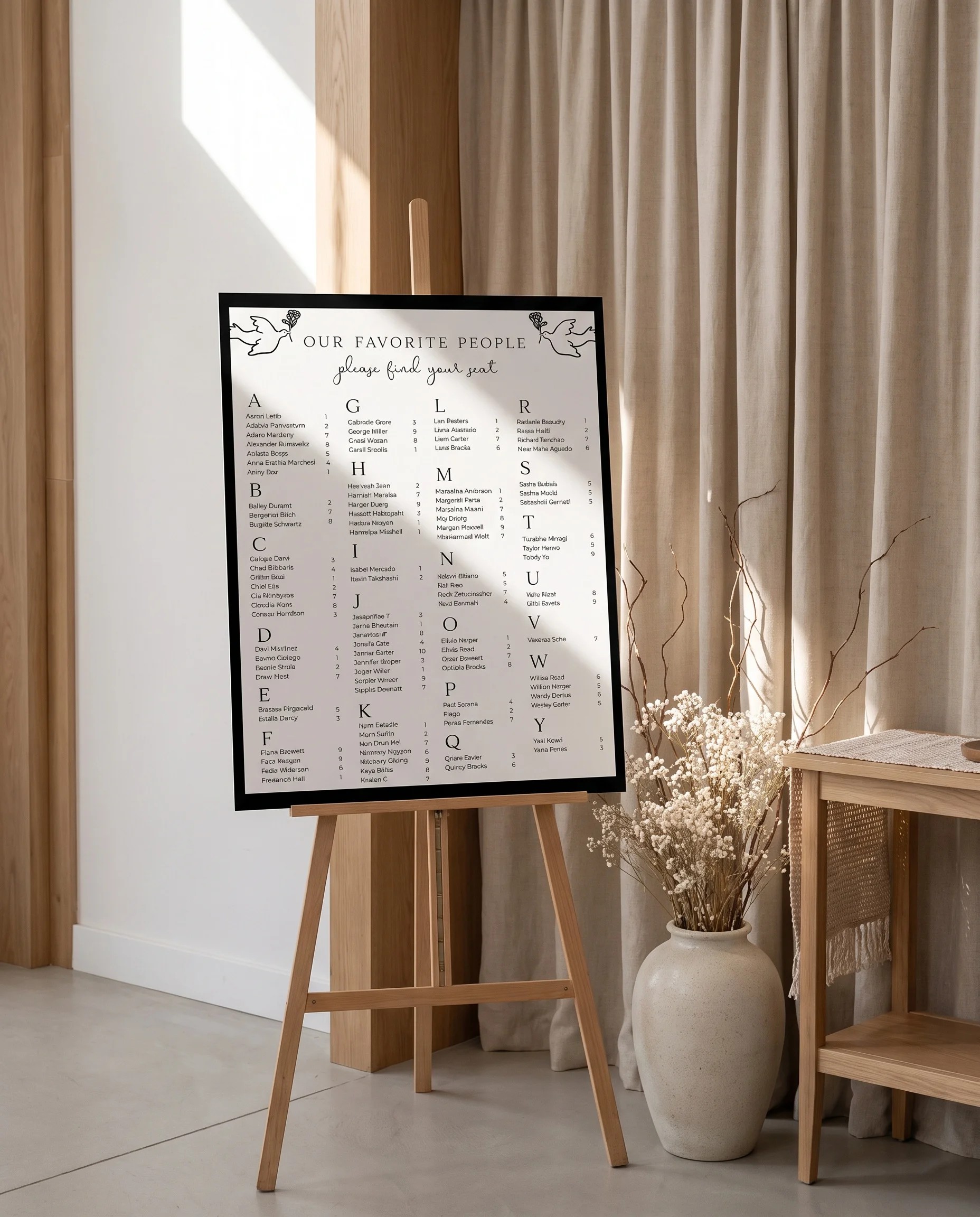 Sketchbook Bow wedding seating chart — shown beside furniture for scale under soft natural light, wedding seating chart template
