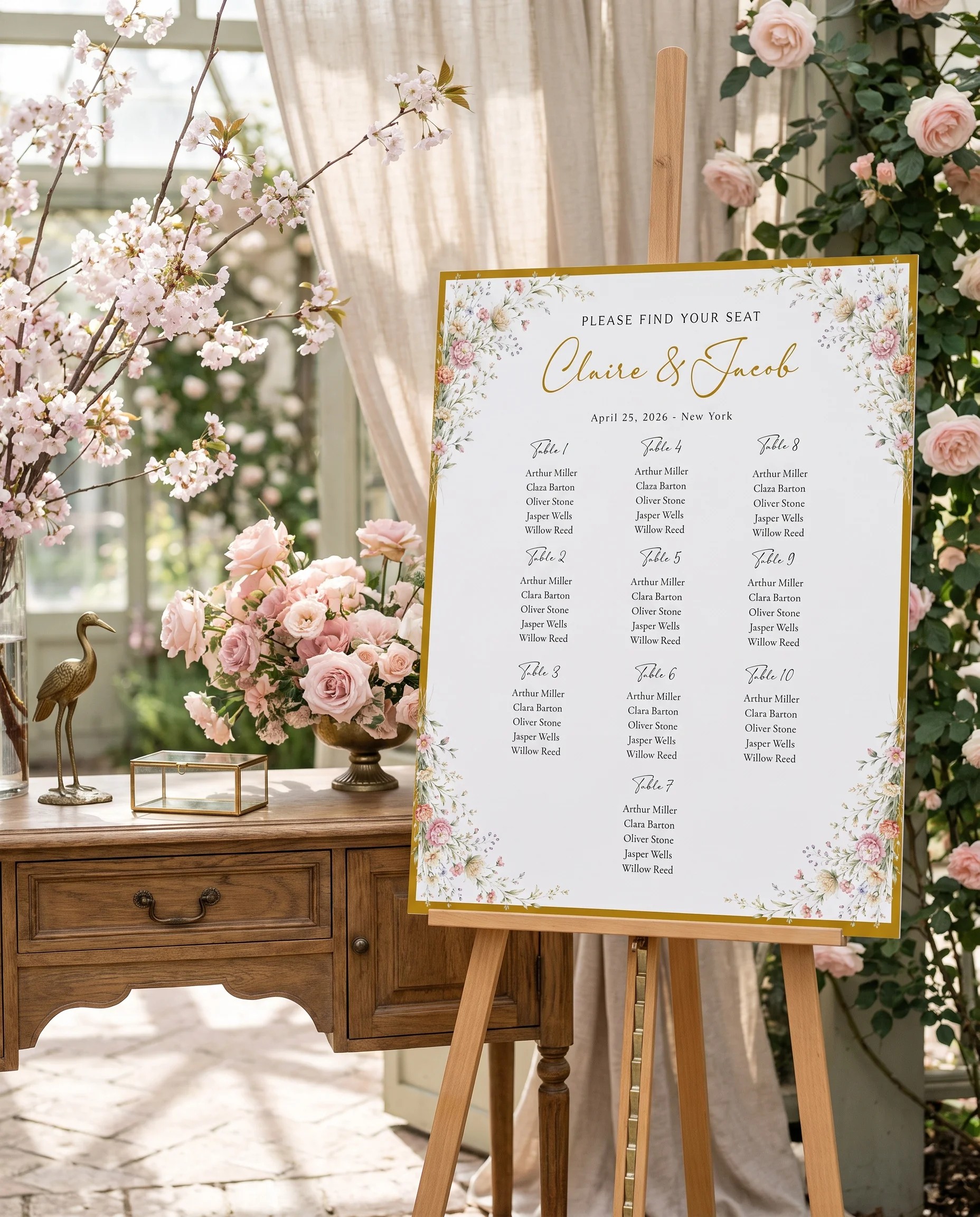 Petal Arbor wedding seating chart — shown beside furniture for scale under soft natural light, wedding seating chart template.