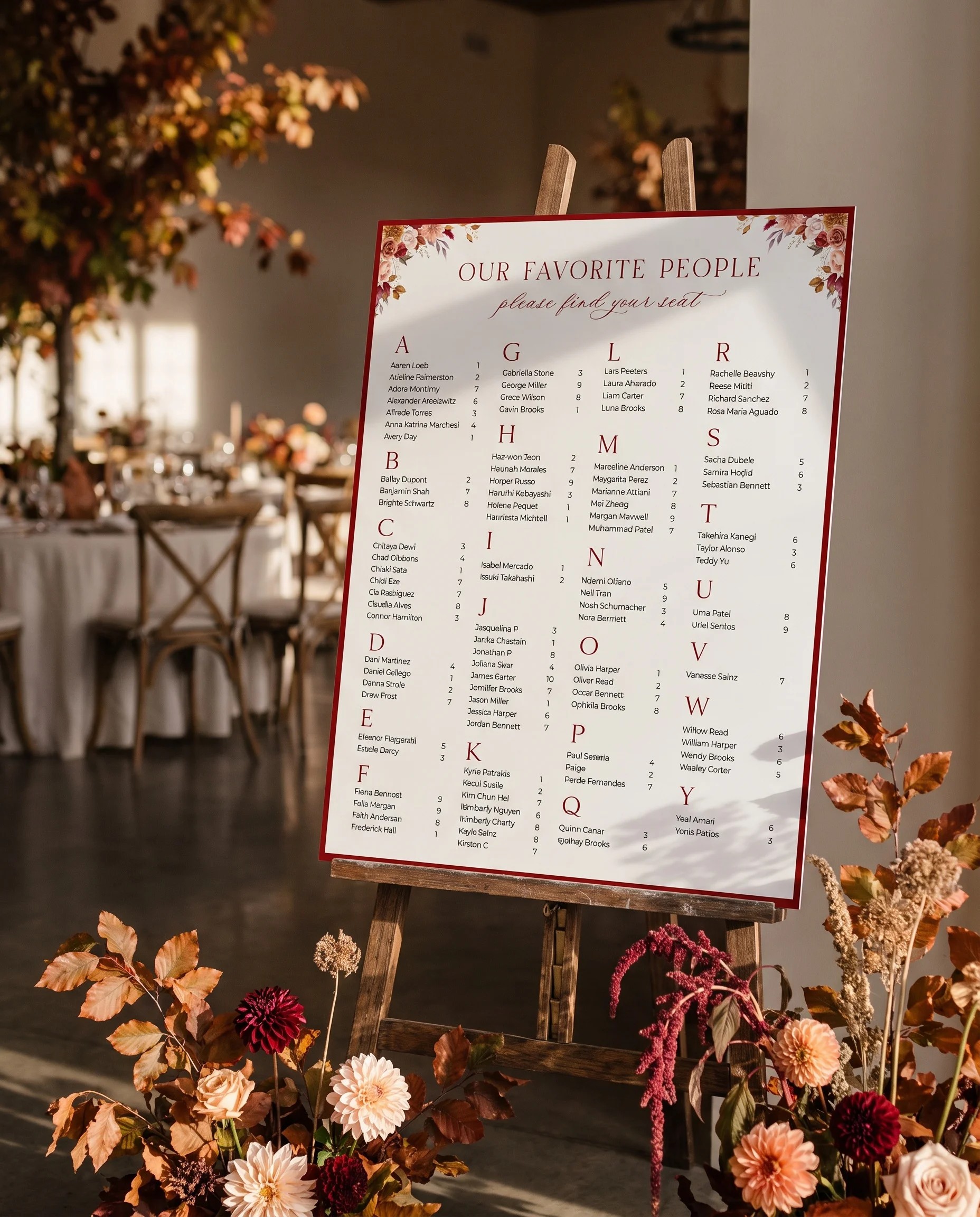 Autumn Blush wedding seating chart — displayed at a reception entrance under soft natural light with a slight overhead angle, seating chart template