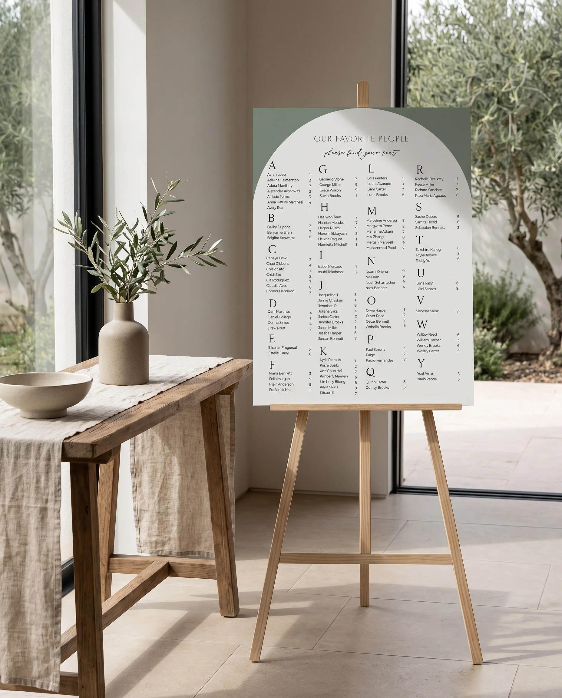 Arc Vale wedding seating chart — shown beside furniture for scale under soft natural light, wedding seating chart template.