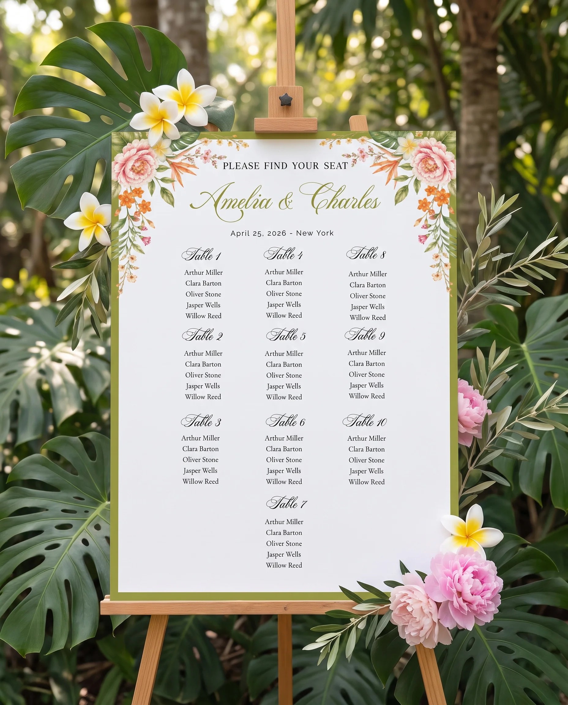 Plumeria Peony wedding seating chart — displayed on an easel under soft natural light at a slight overhead angle, wedding seating chart